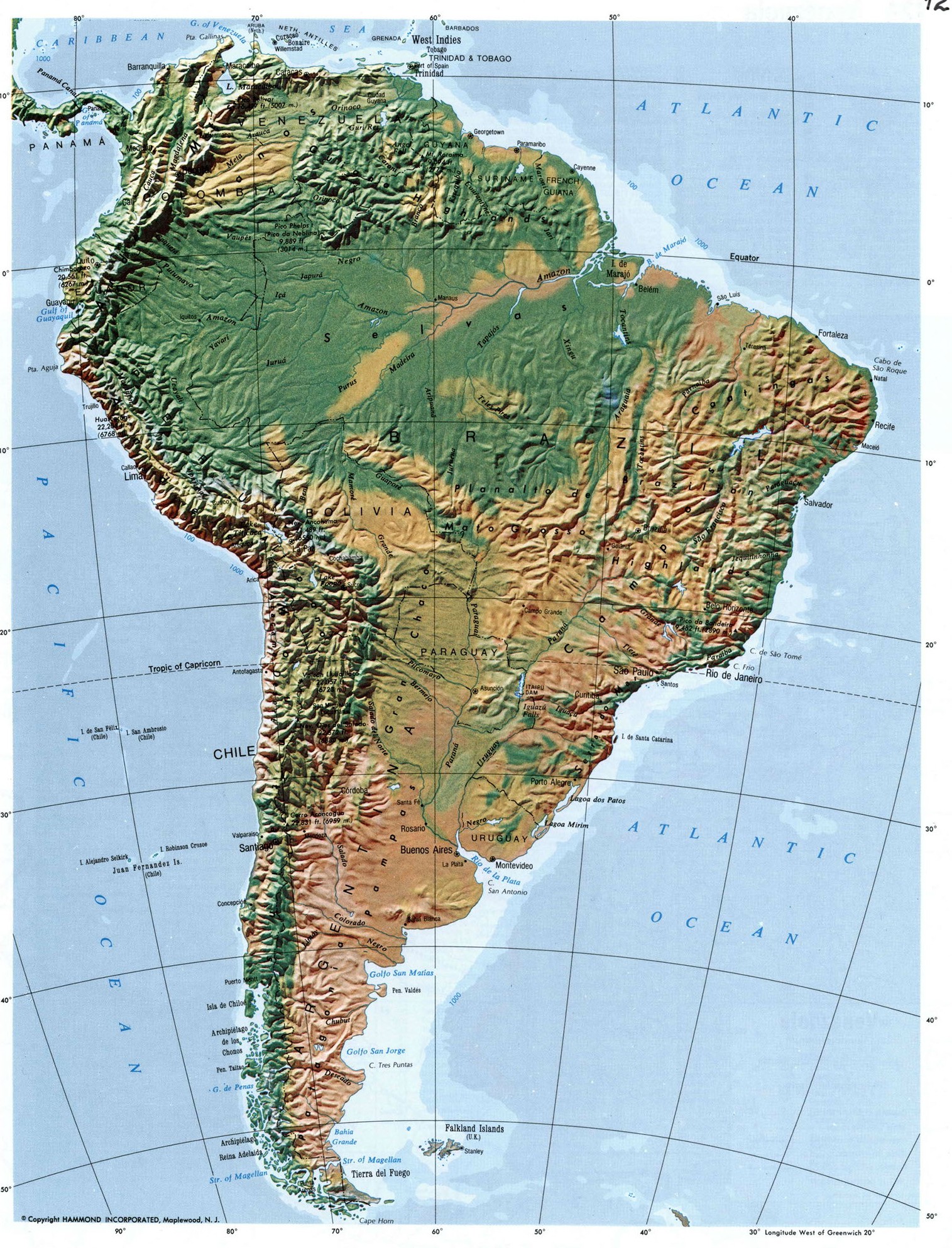 Карта рельефа Южной Америки