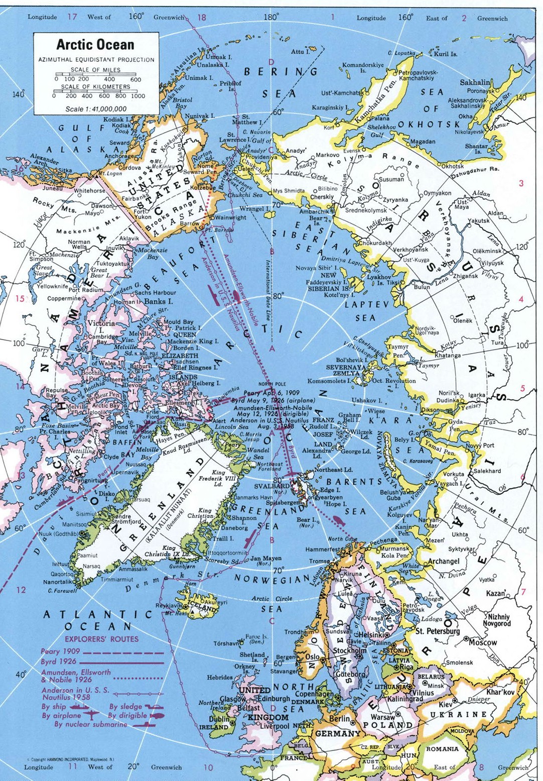 Карта Арктики с маршрутами первооткрывателей