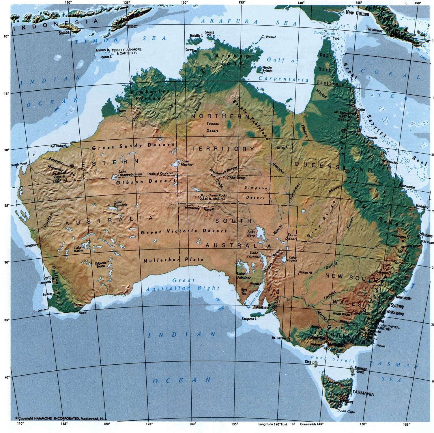 Карта рельефа и растительности Австралии