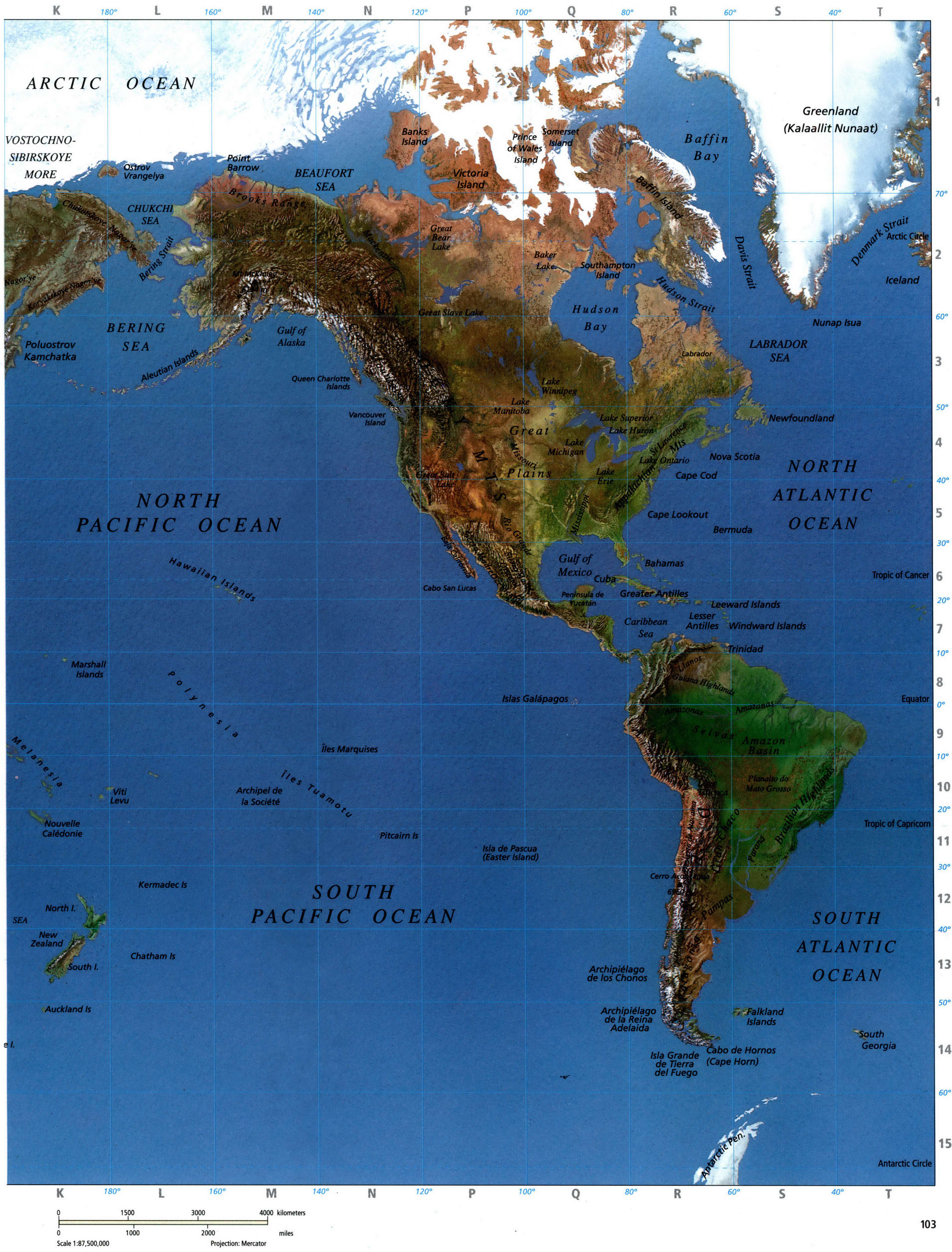 Подробная физическая географическая карта мира со столицами стран - Атлас