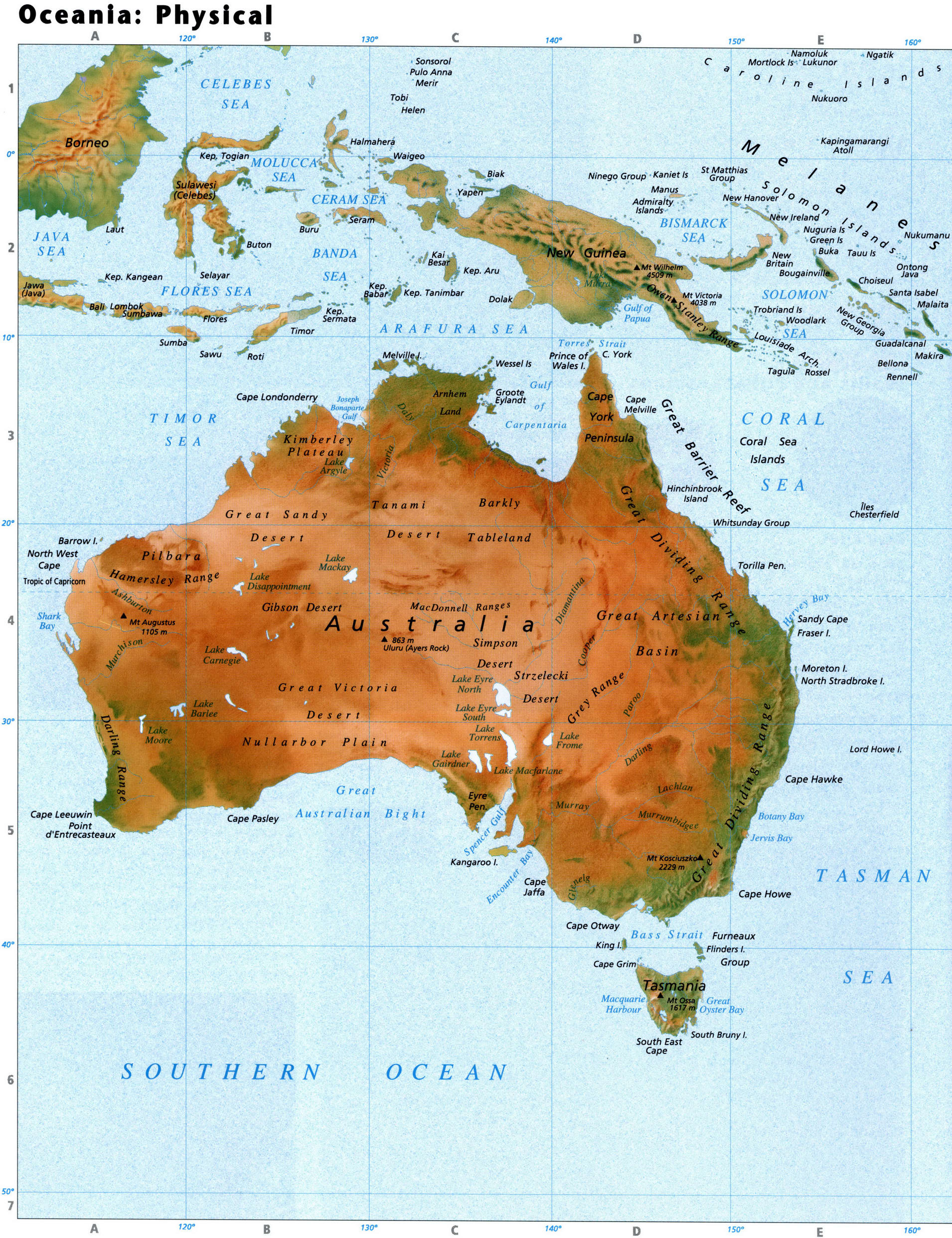 Физическая карта Австралии и Океании