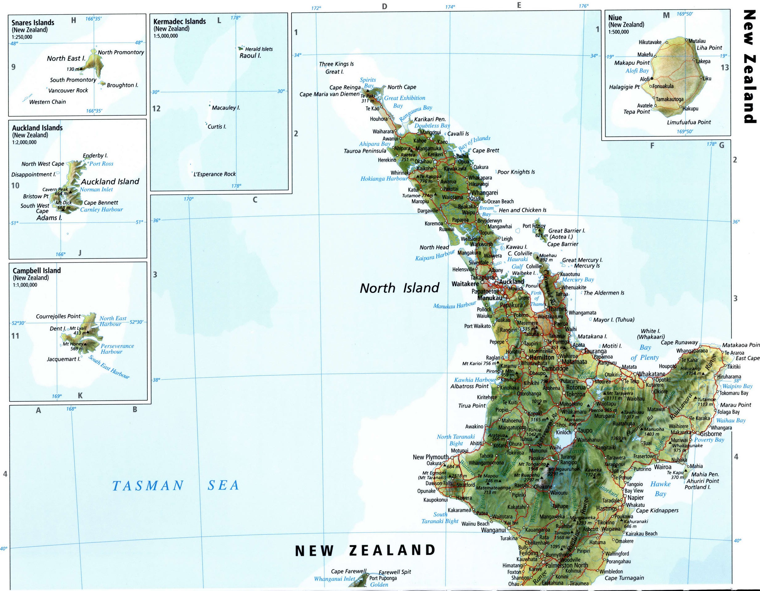 Новая Зеландия карта физическая подробная географическая с городами идорогами - Атлас
