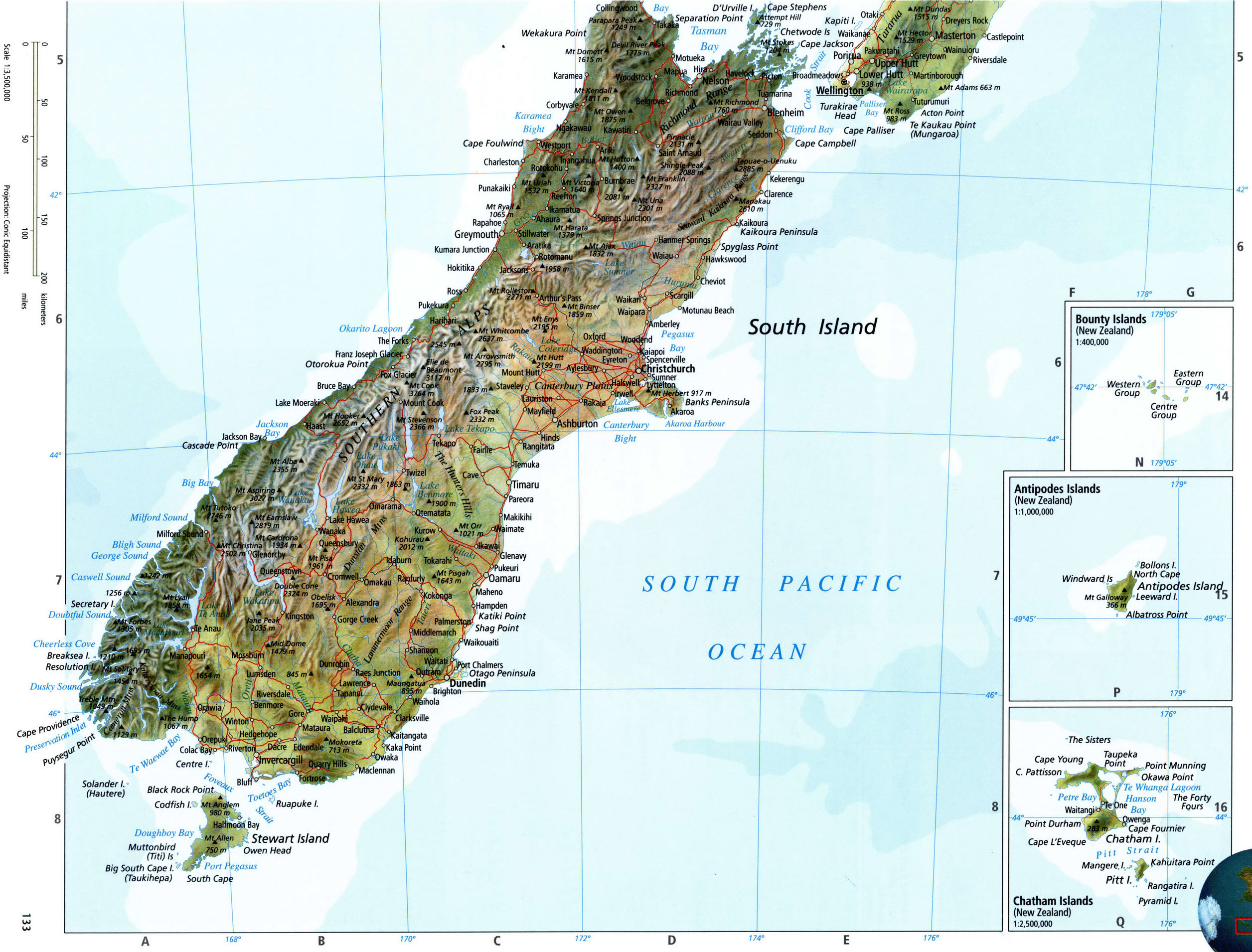 Детальная карта Новой Зеландии - южный остров