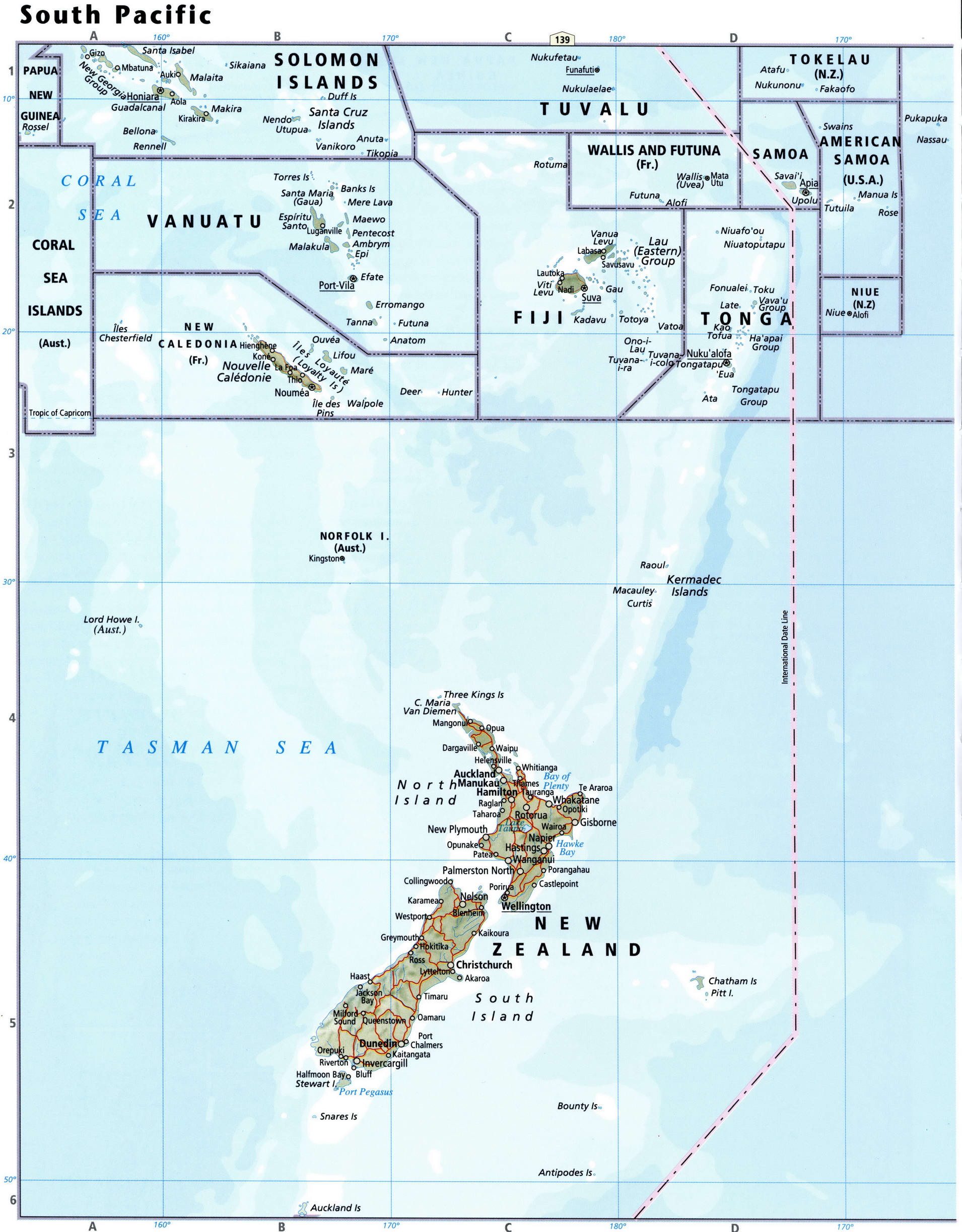 Тихий океан - южная часть - подробная карта