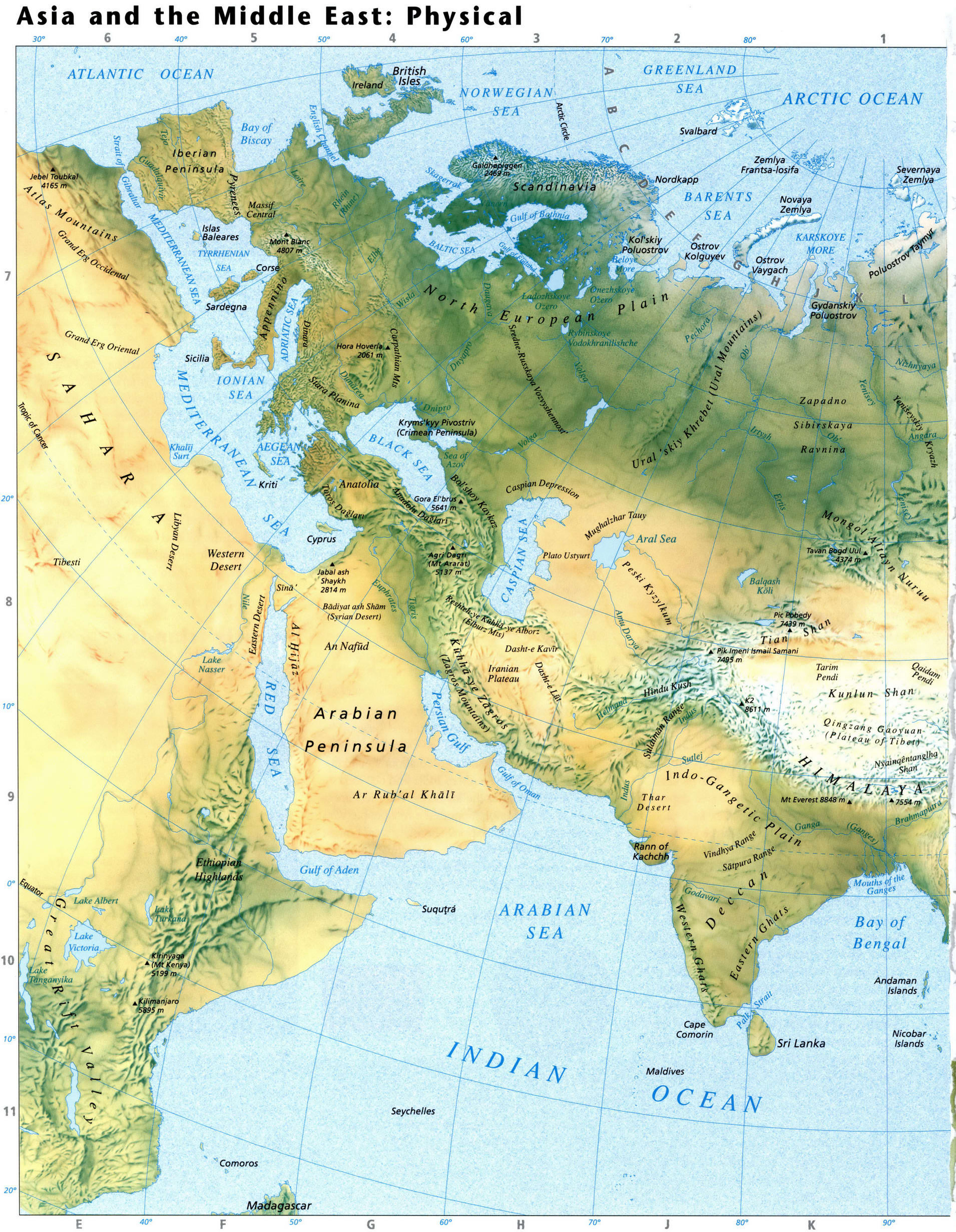 Физическая карта Азии - Средний Восток