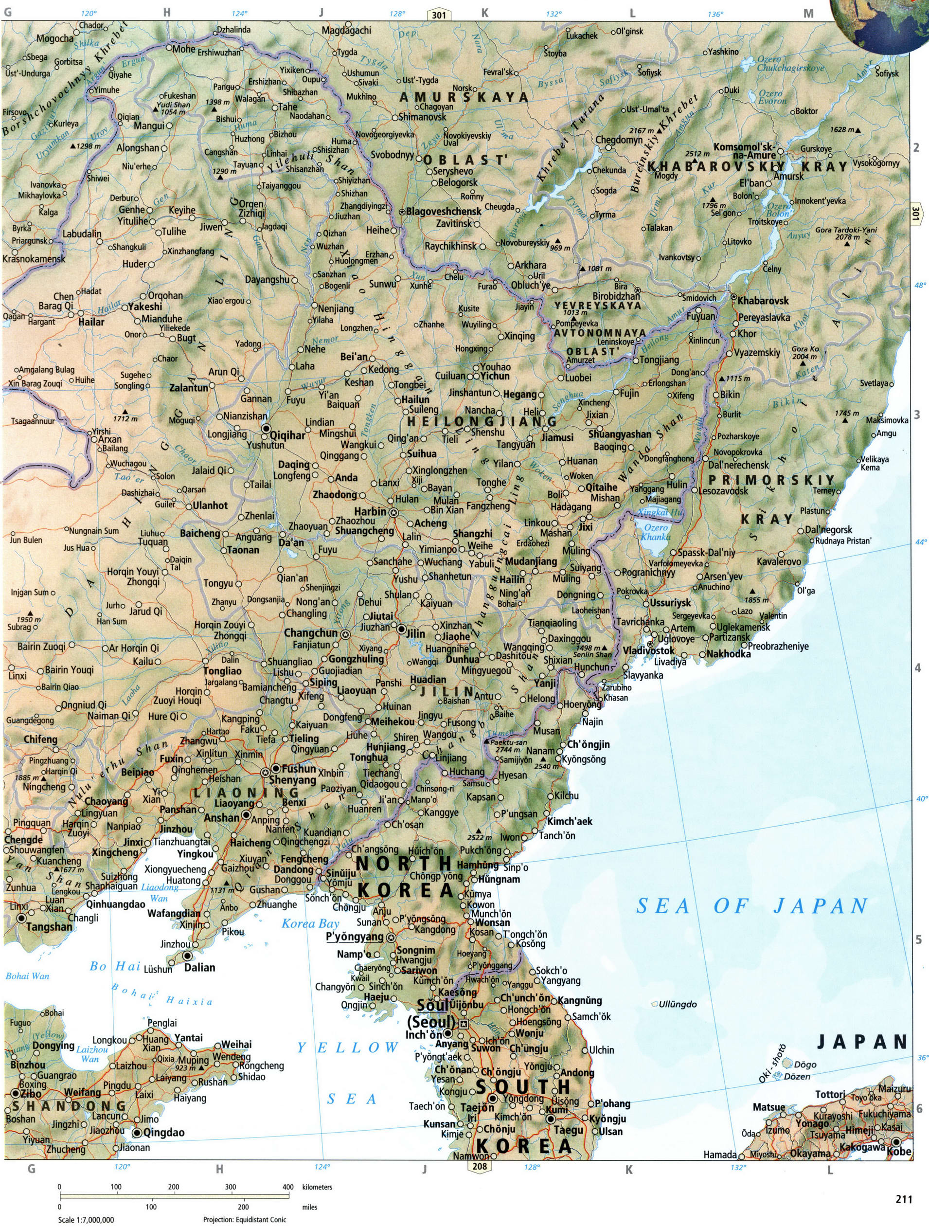Северо-Восток Китая карта физическая