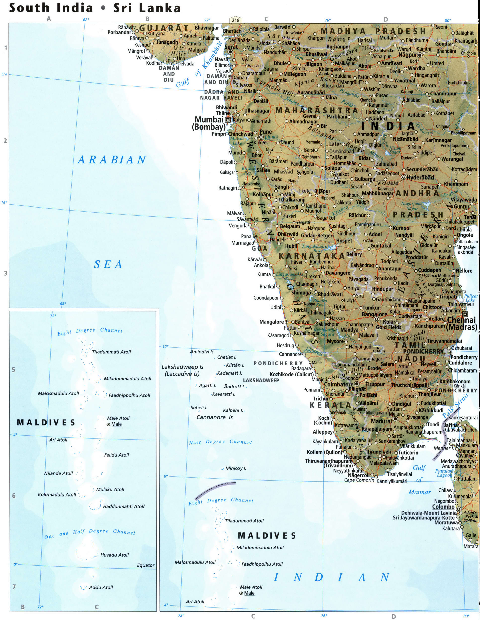 Физическая карта южной Индии