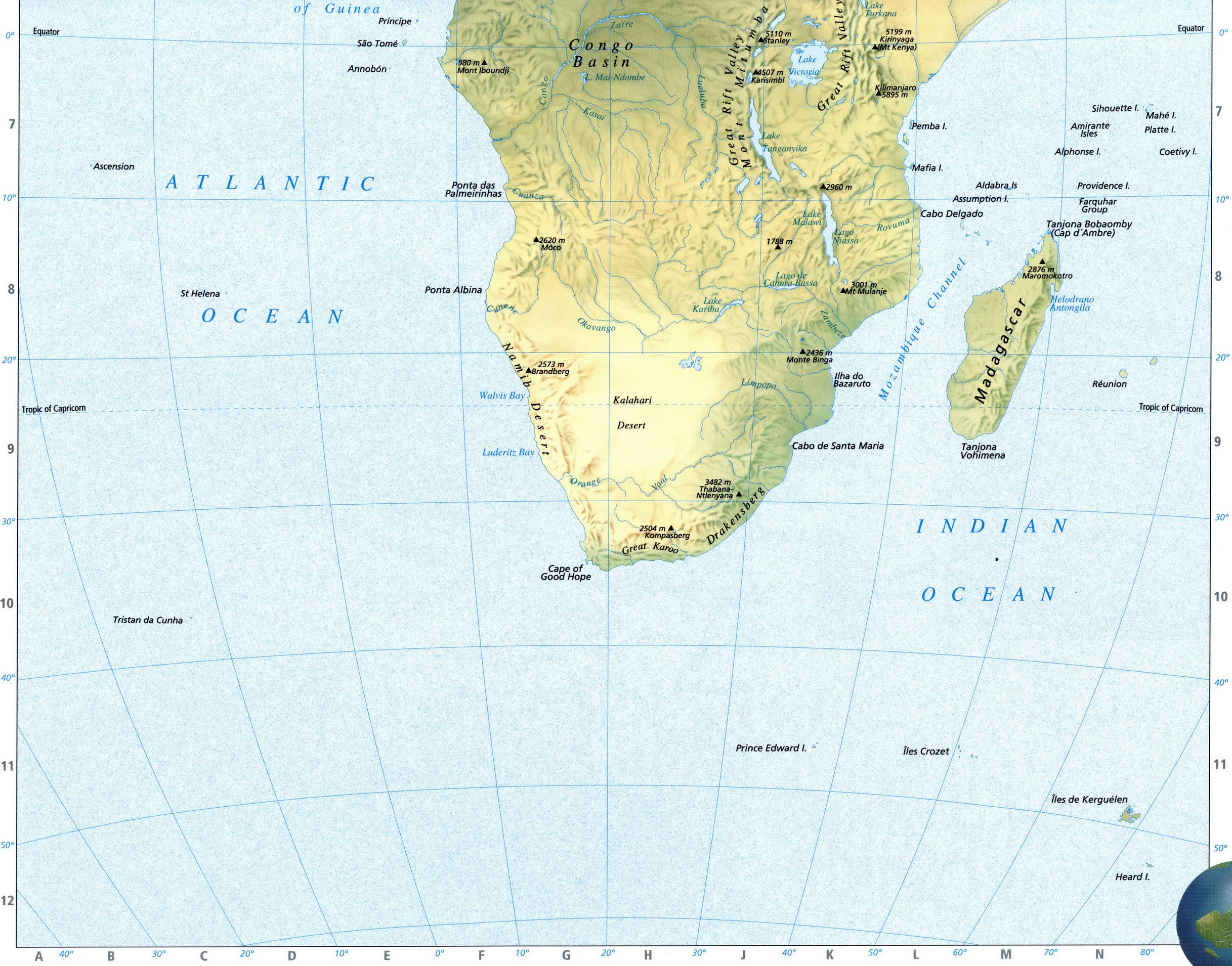 Африка карта физическая - южная часть