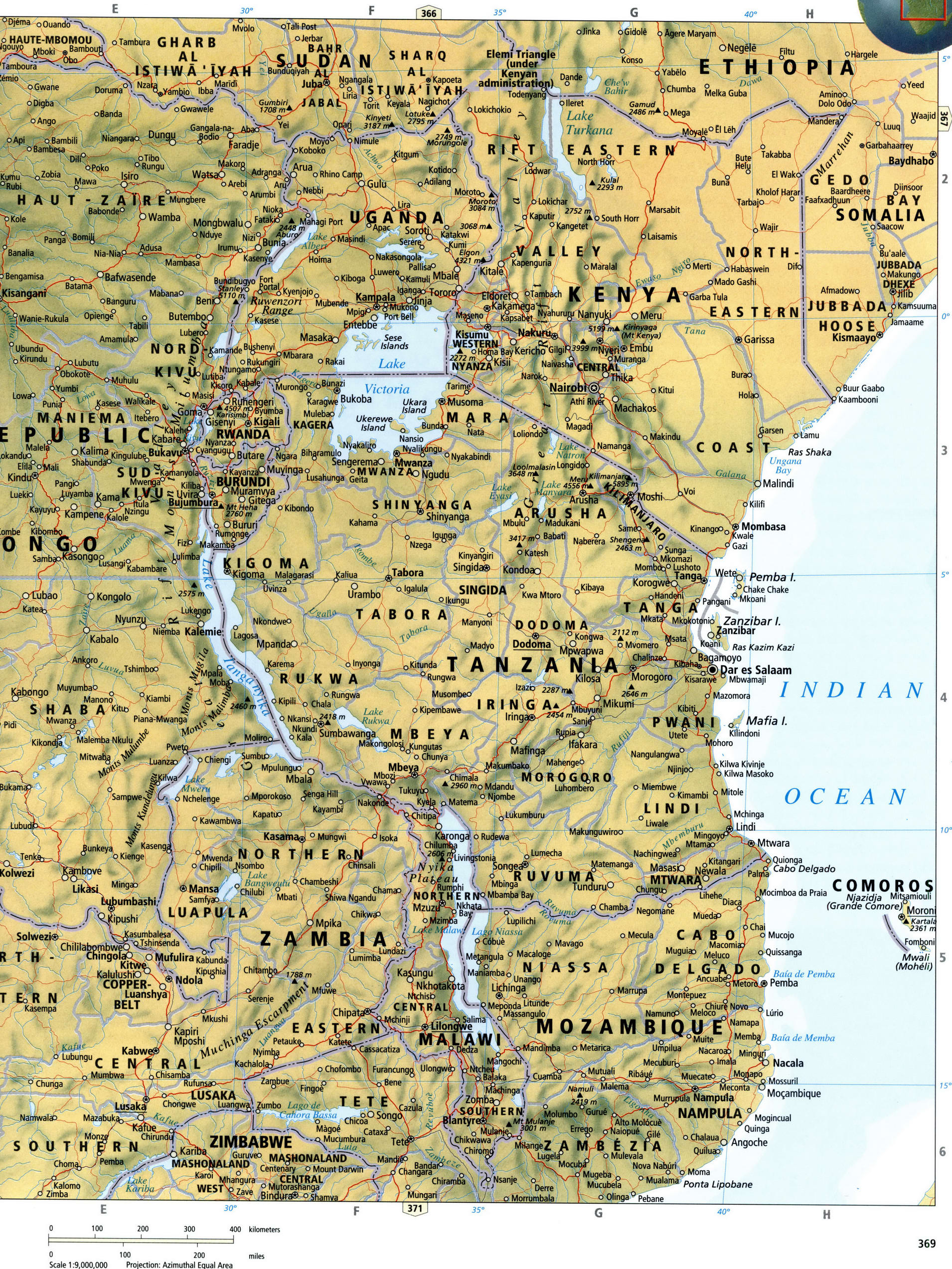 Центральная Африка физическая карта - восточная часть