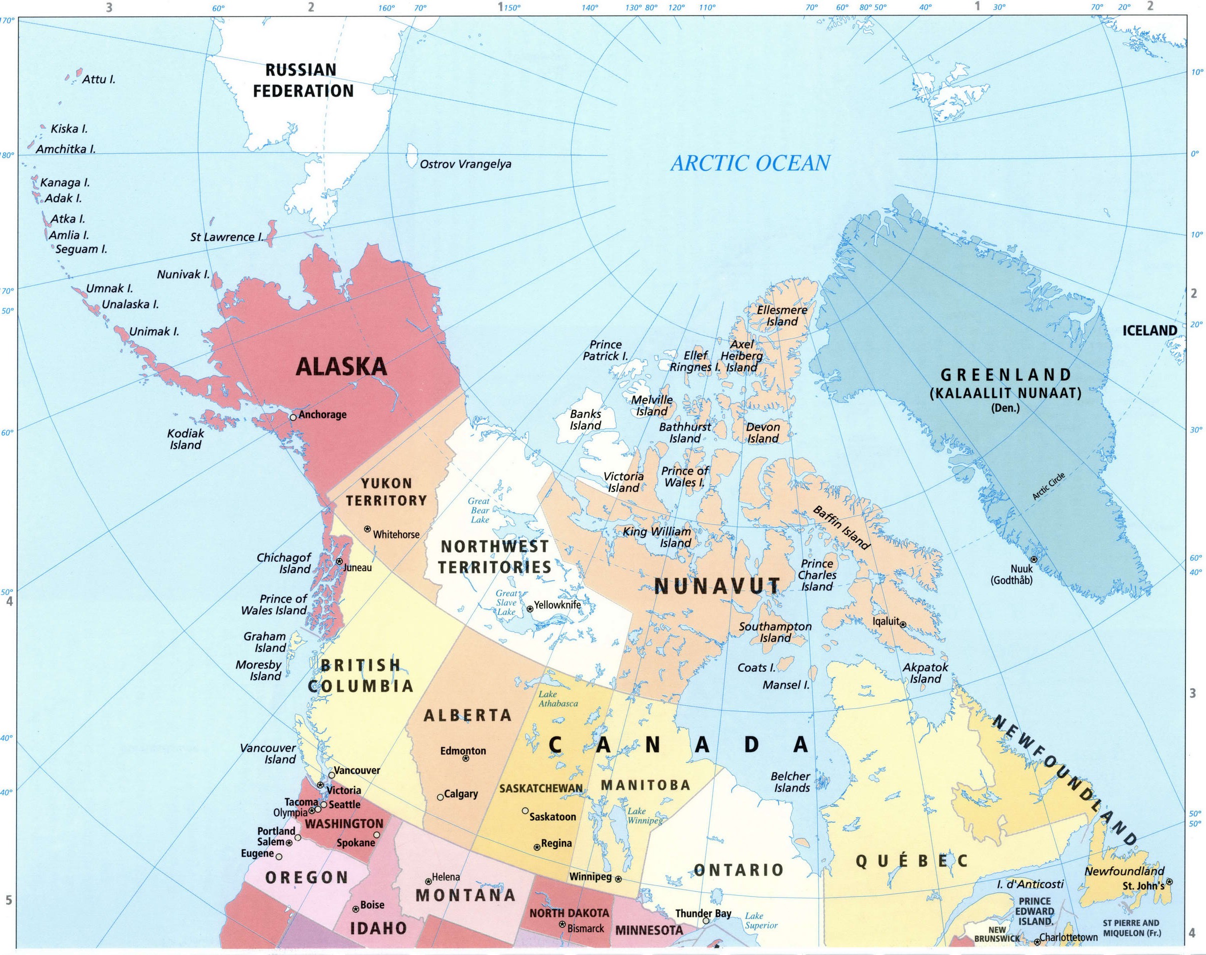 Подробная политическая карта Северной Америки с городами и столицами стран- Атлас
