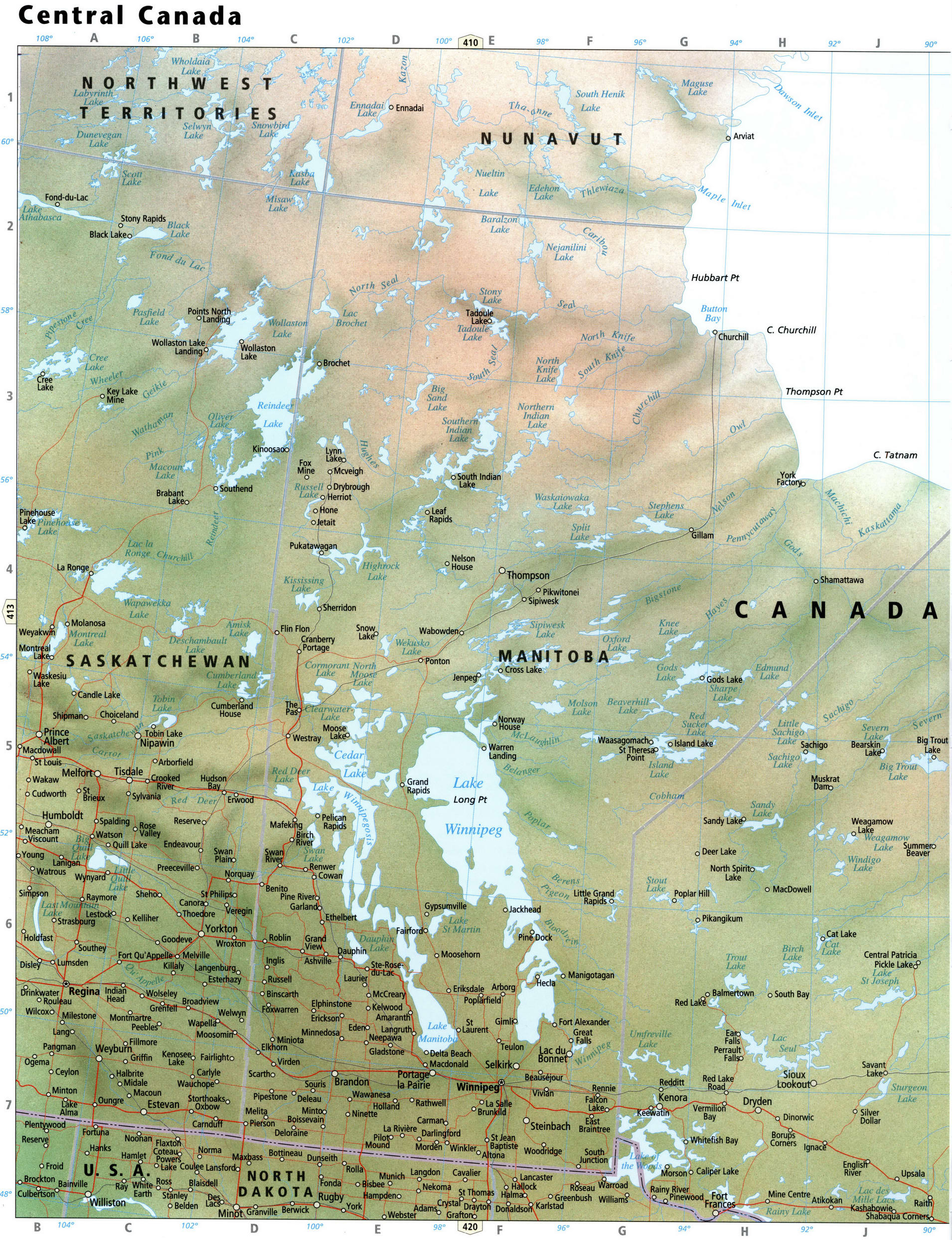 Карта центральной Канады - провинции Манитоба и Нунавут
