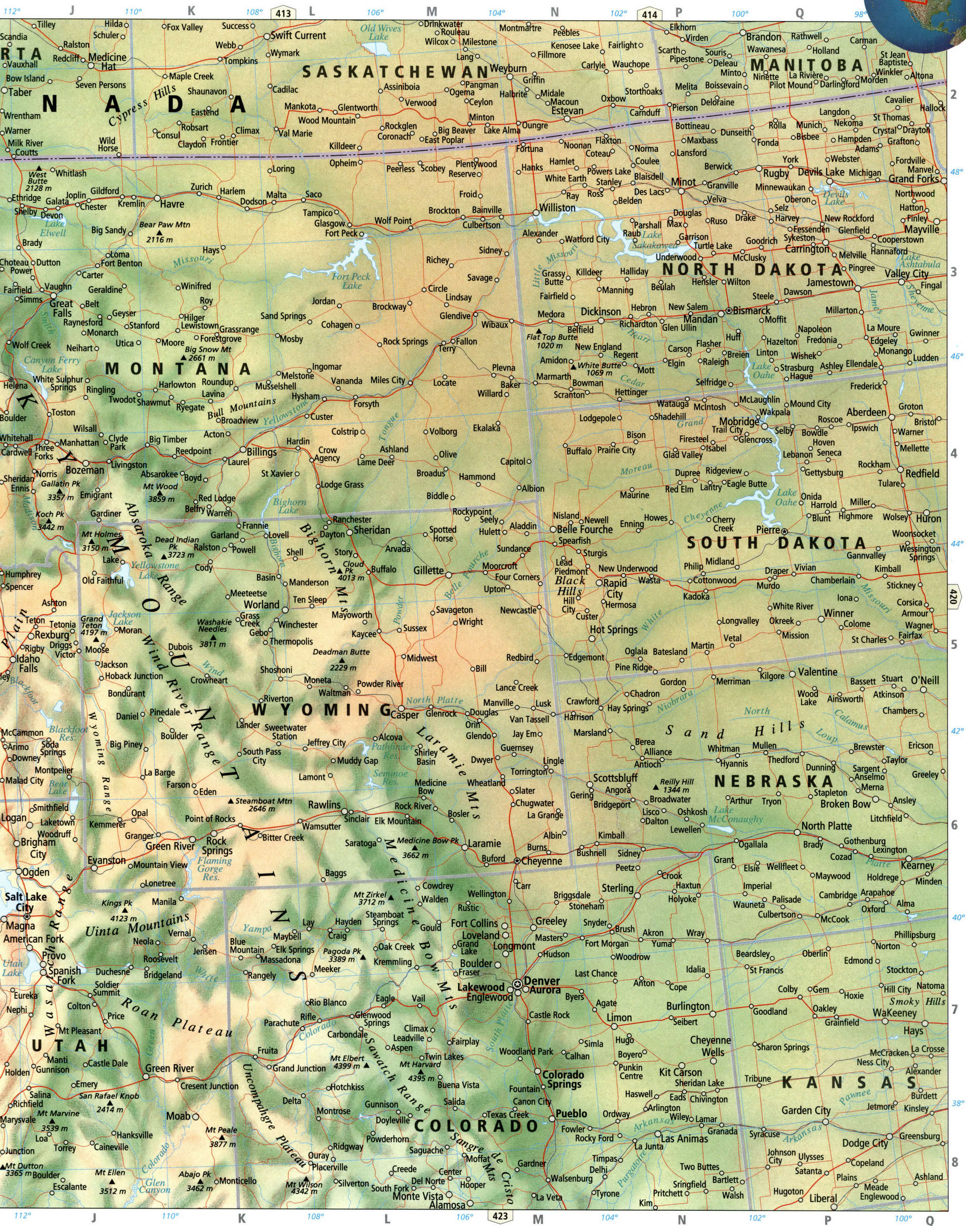 Карта Северо-запада США штаты Монтана и Вайоминг