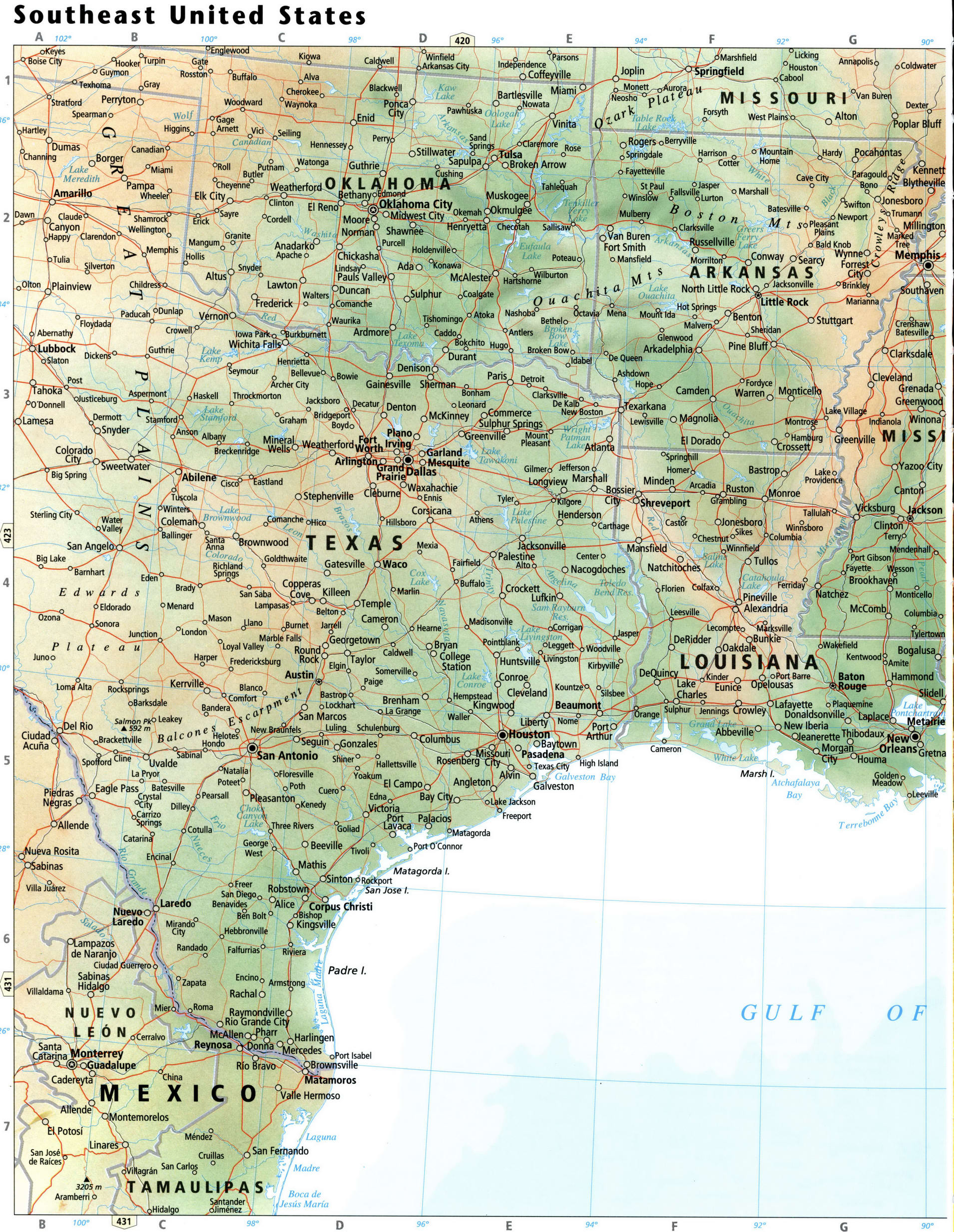 Юго-восток США, карта Техаса и Луизианы