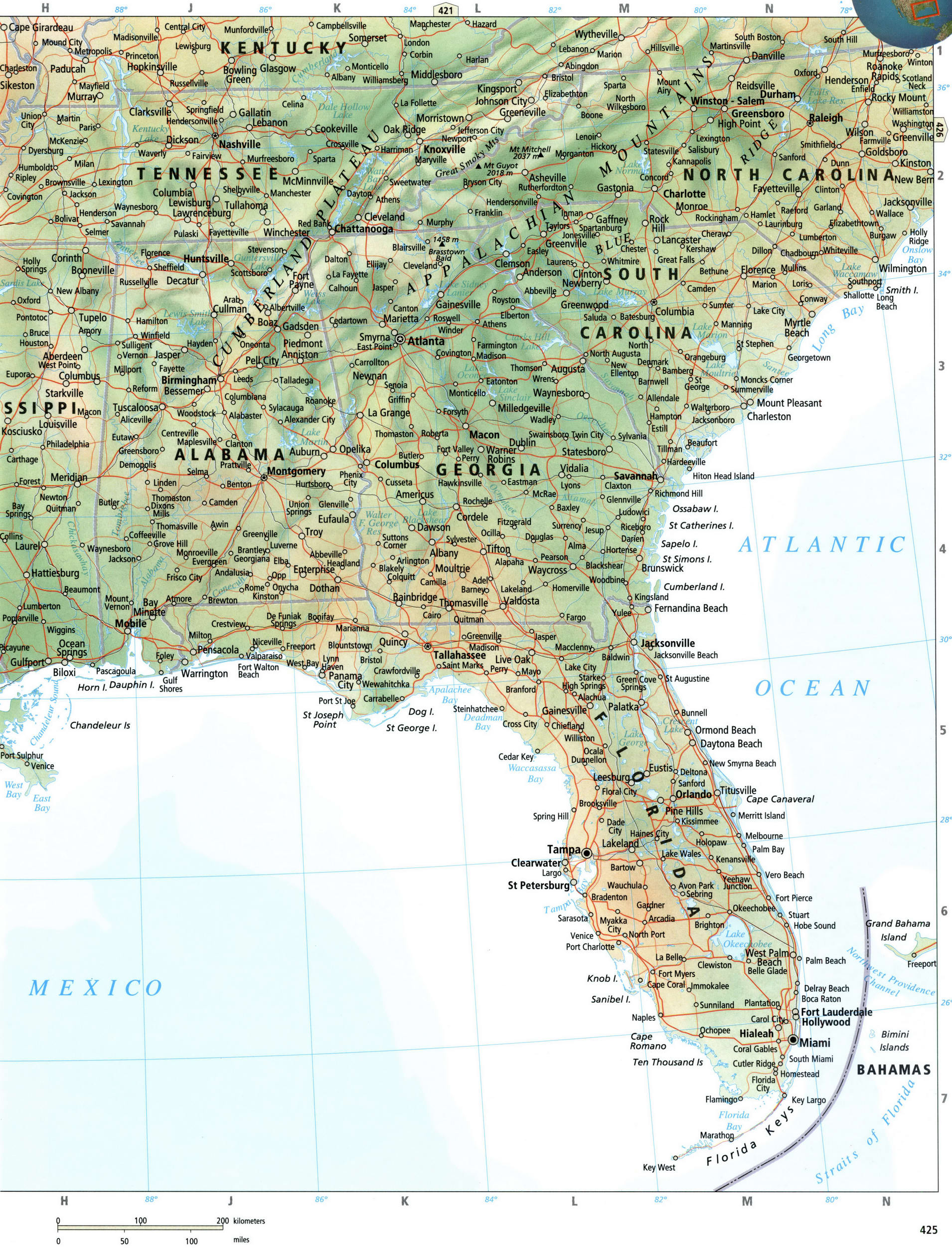 Карта Юго-востока США, штаты Флорида и Джорджия