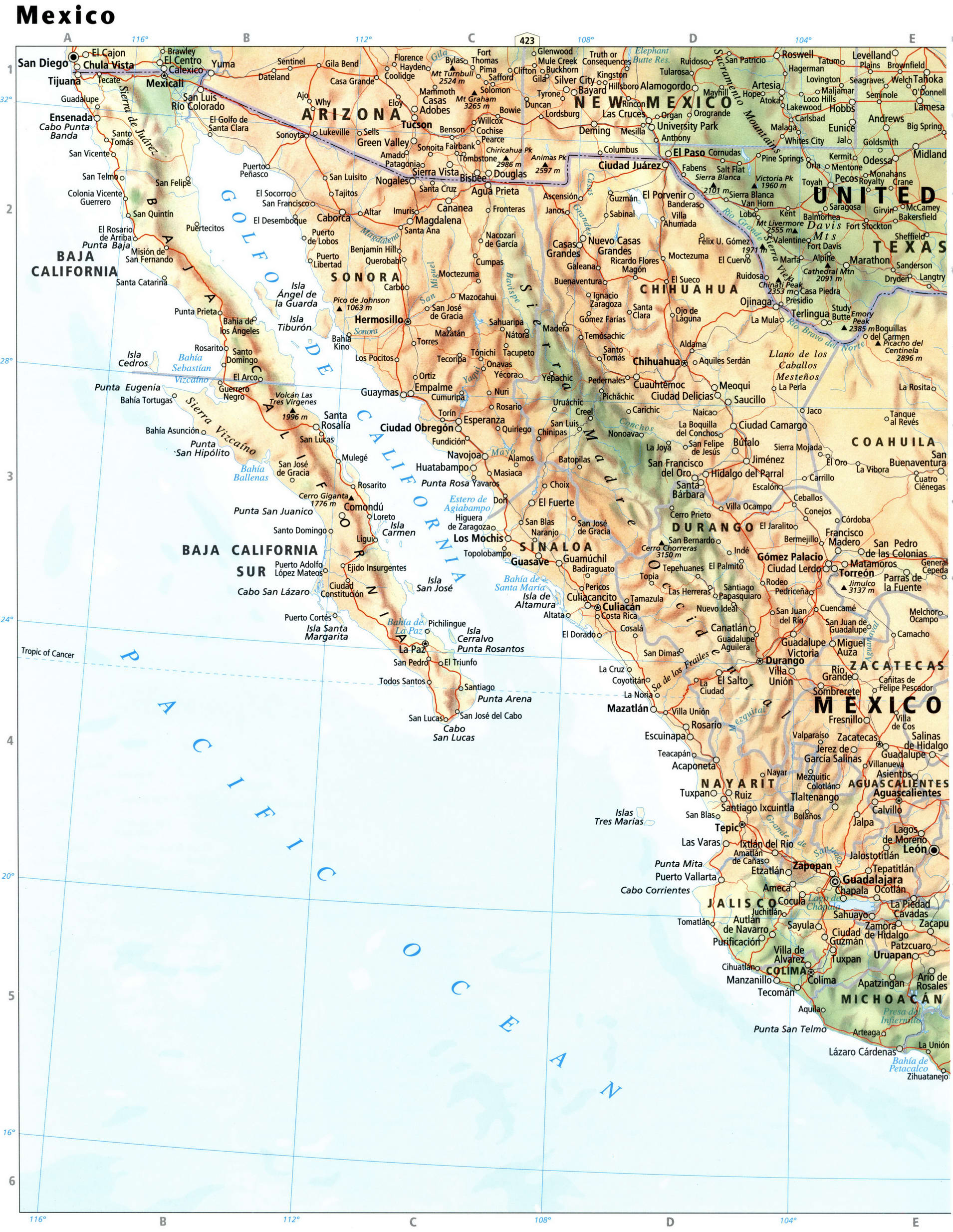 Подробная карта Мексики - тихоокеанское побережье