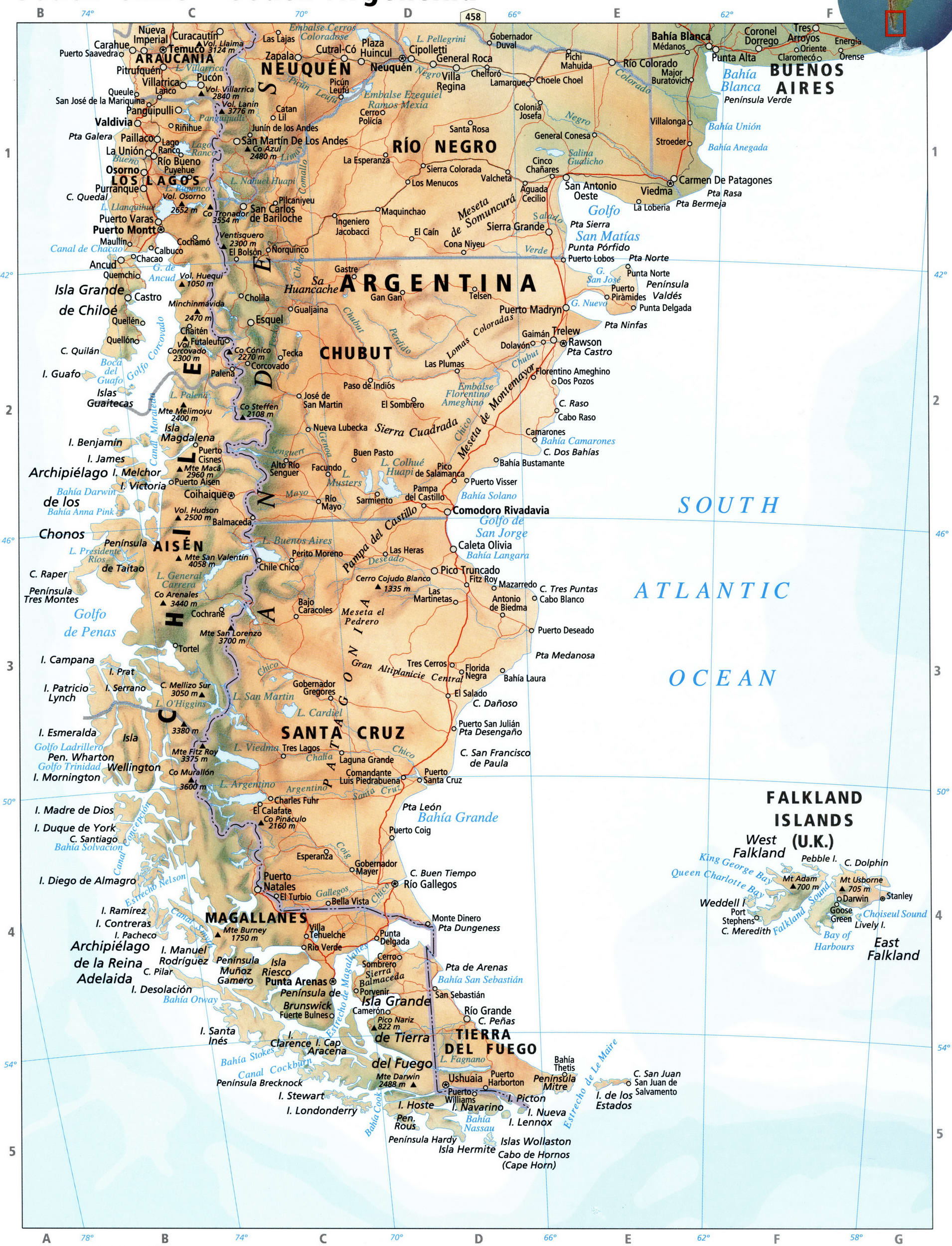 Южная Аргентина и Чили карта географическая физическая подробная с городами- Атлас