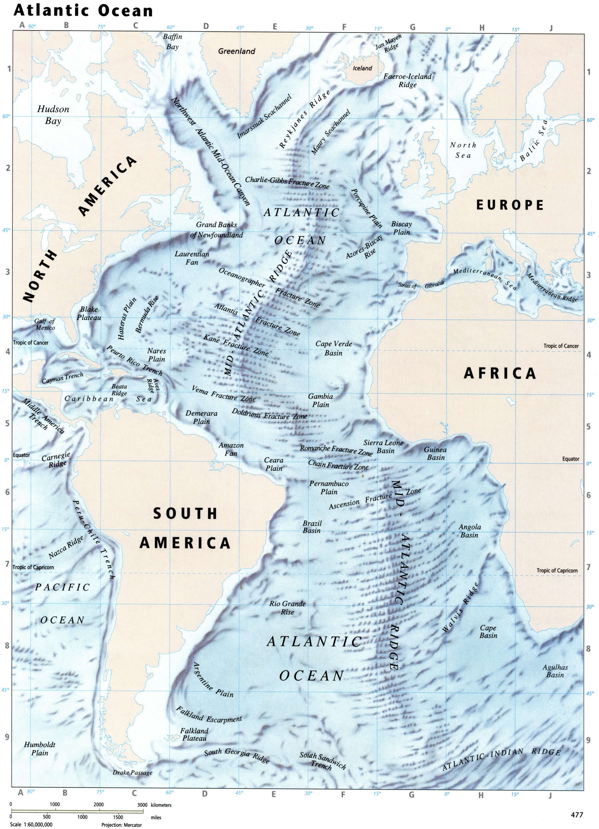 Подробная физическая географическая карта Атлантический океан - Атлас
