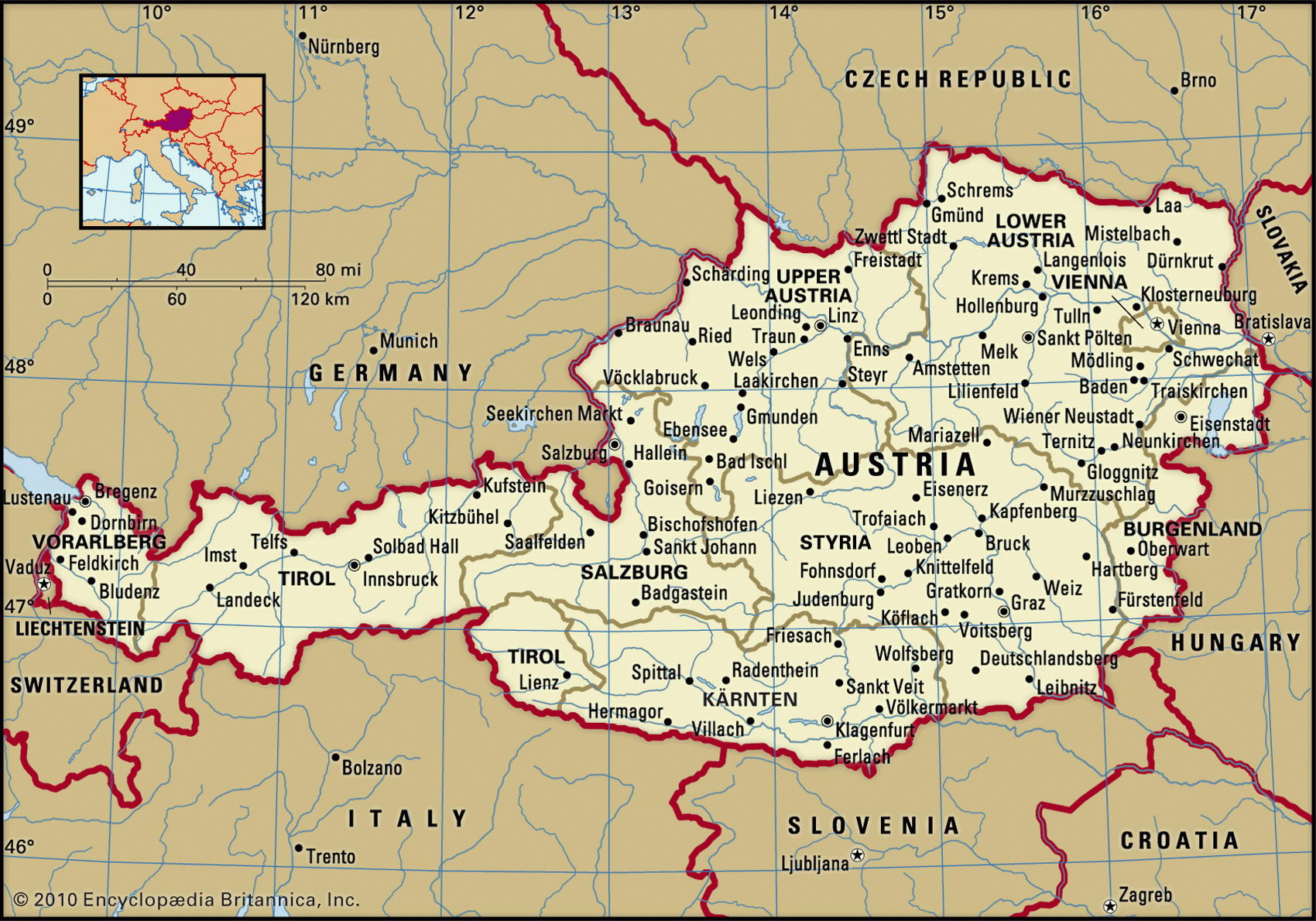 Австрия карта с городами и поселками