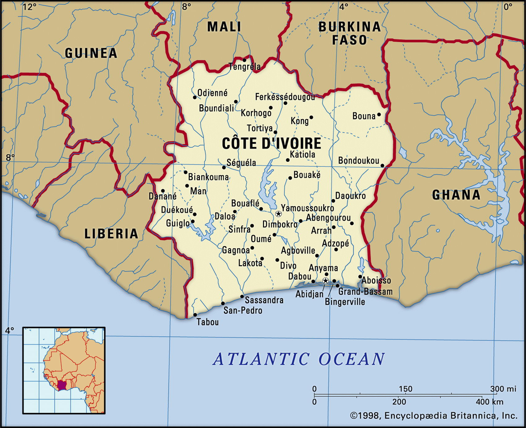 Кот-д’Ивуар карта с городами
