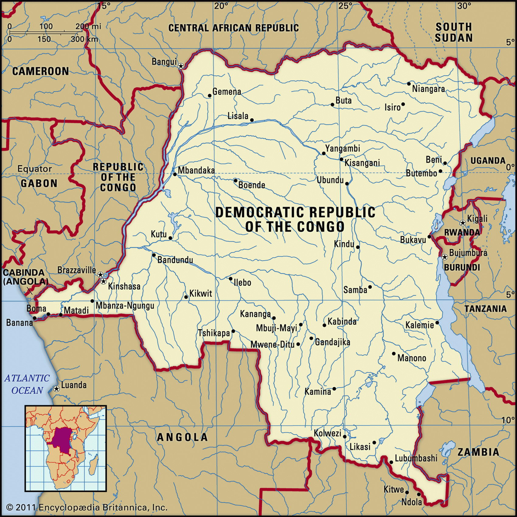 Демократическая Республика Конго карта с городами