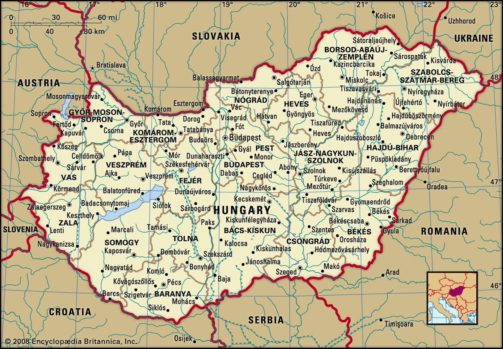 Венгрия карта с городами и поселками