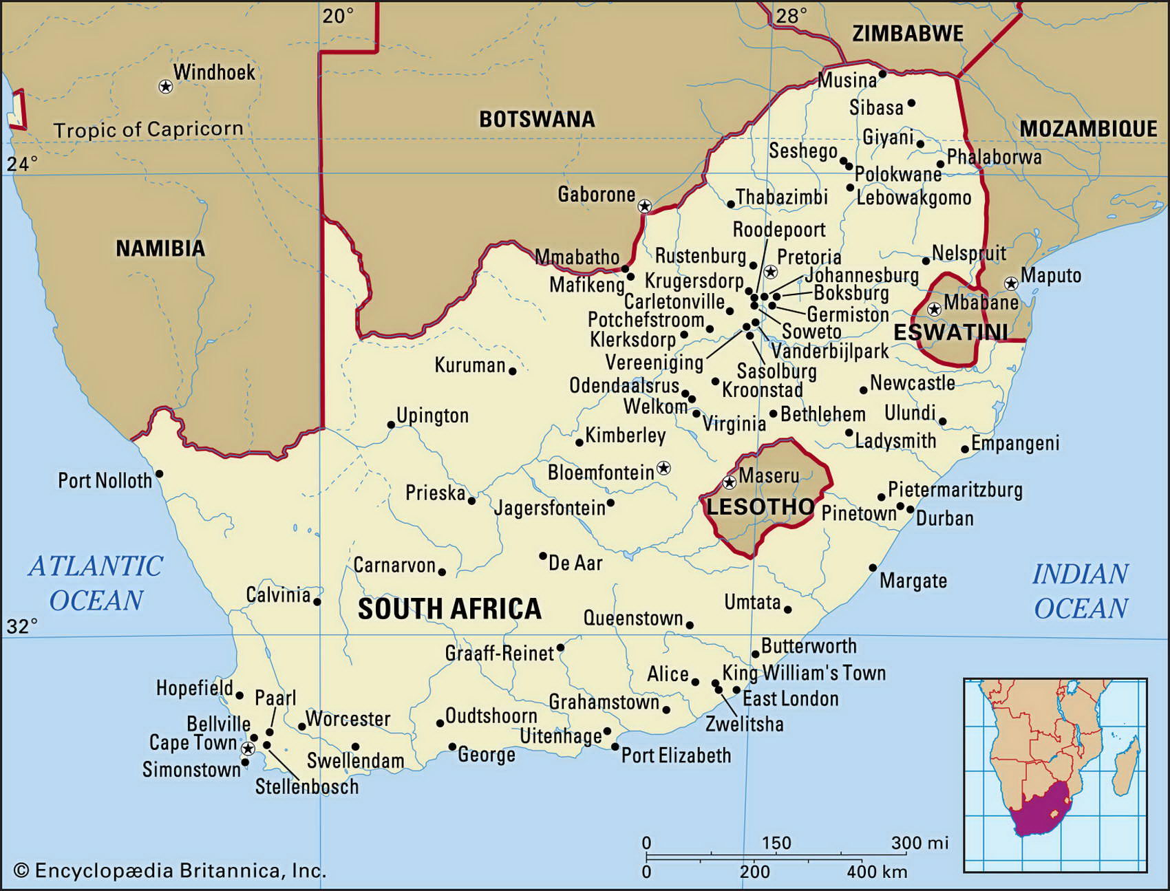 Свазиленд ЮАР карта с городами