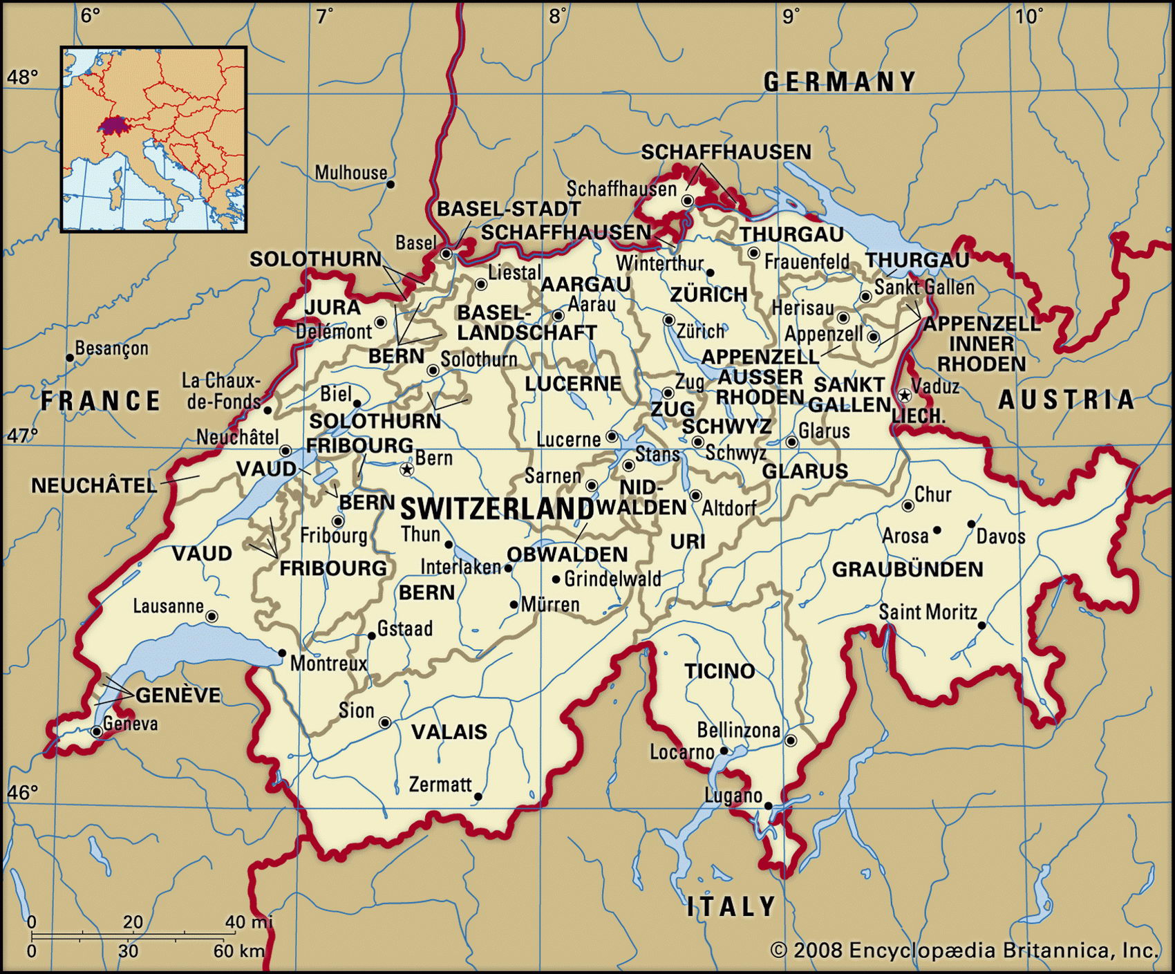 Швейцария карта с городами и поселками