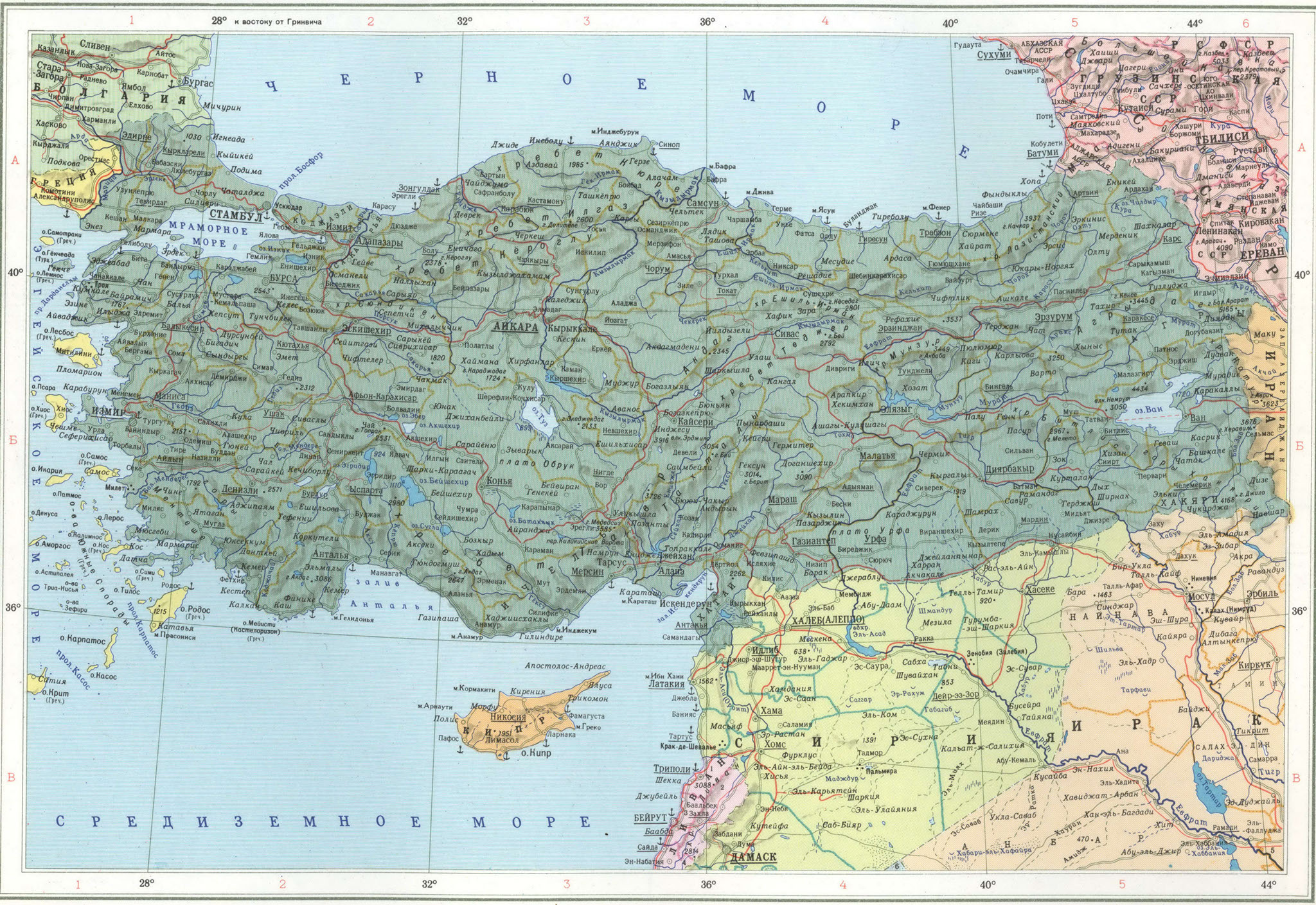 Карта Турции и Сирии подробная на русском языке