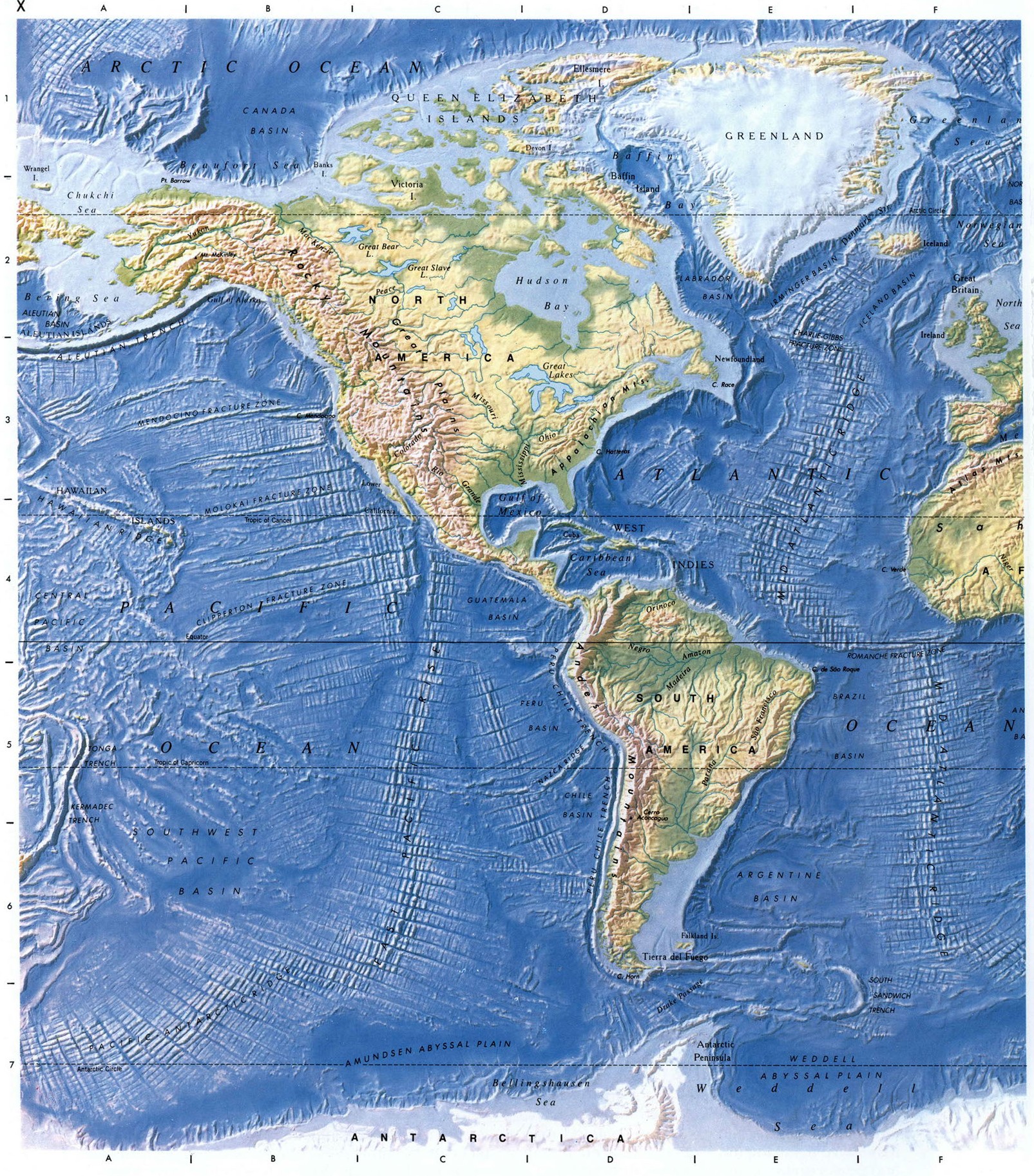 Физическая карта мира - западное полушарие