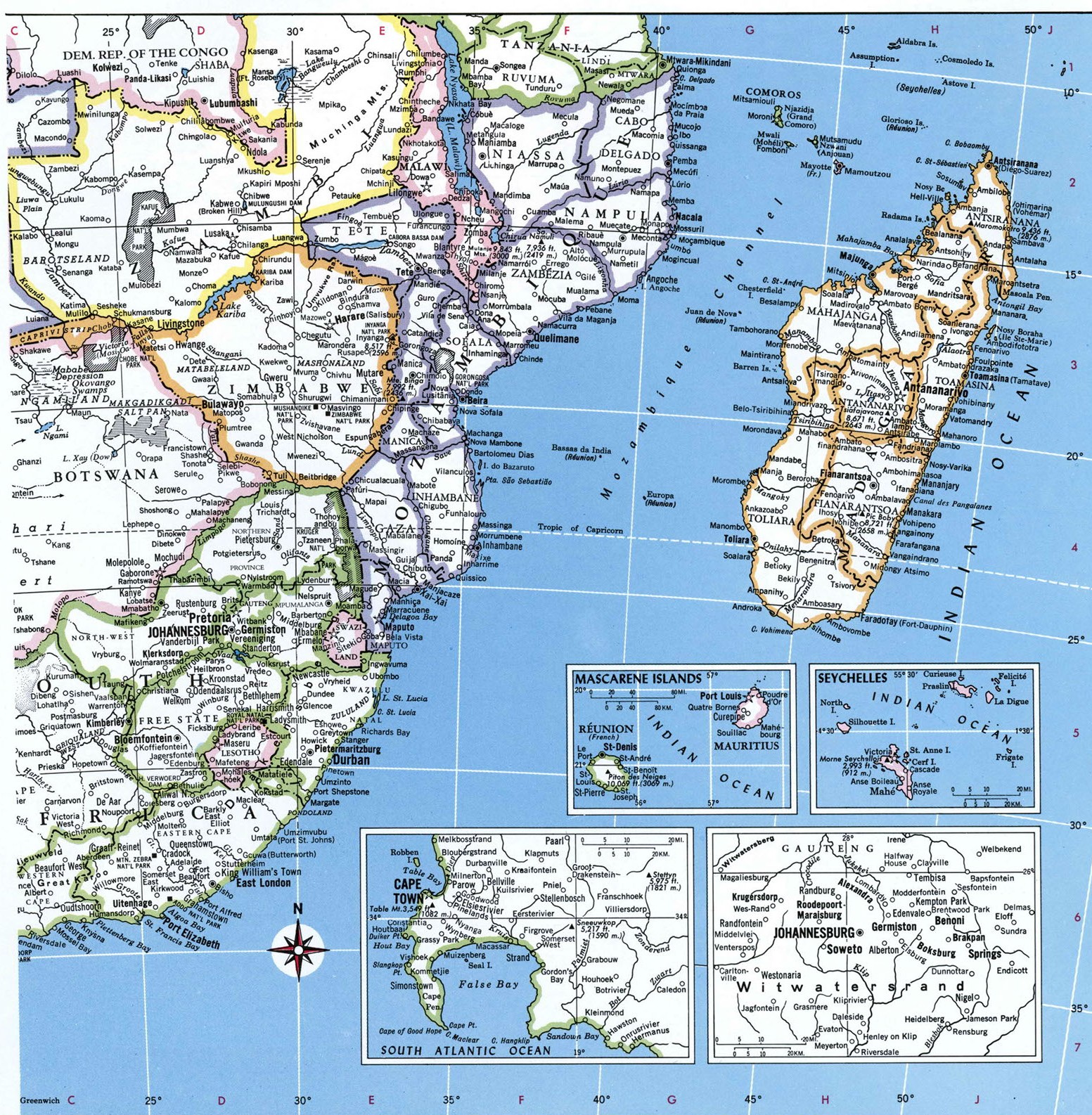 Южная часть Африки и Мадагаскар карта политическая