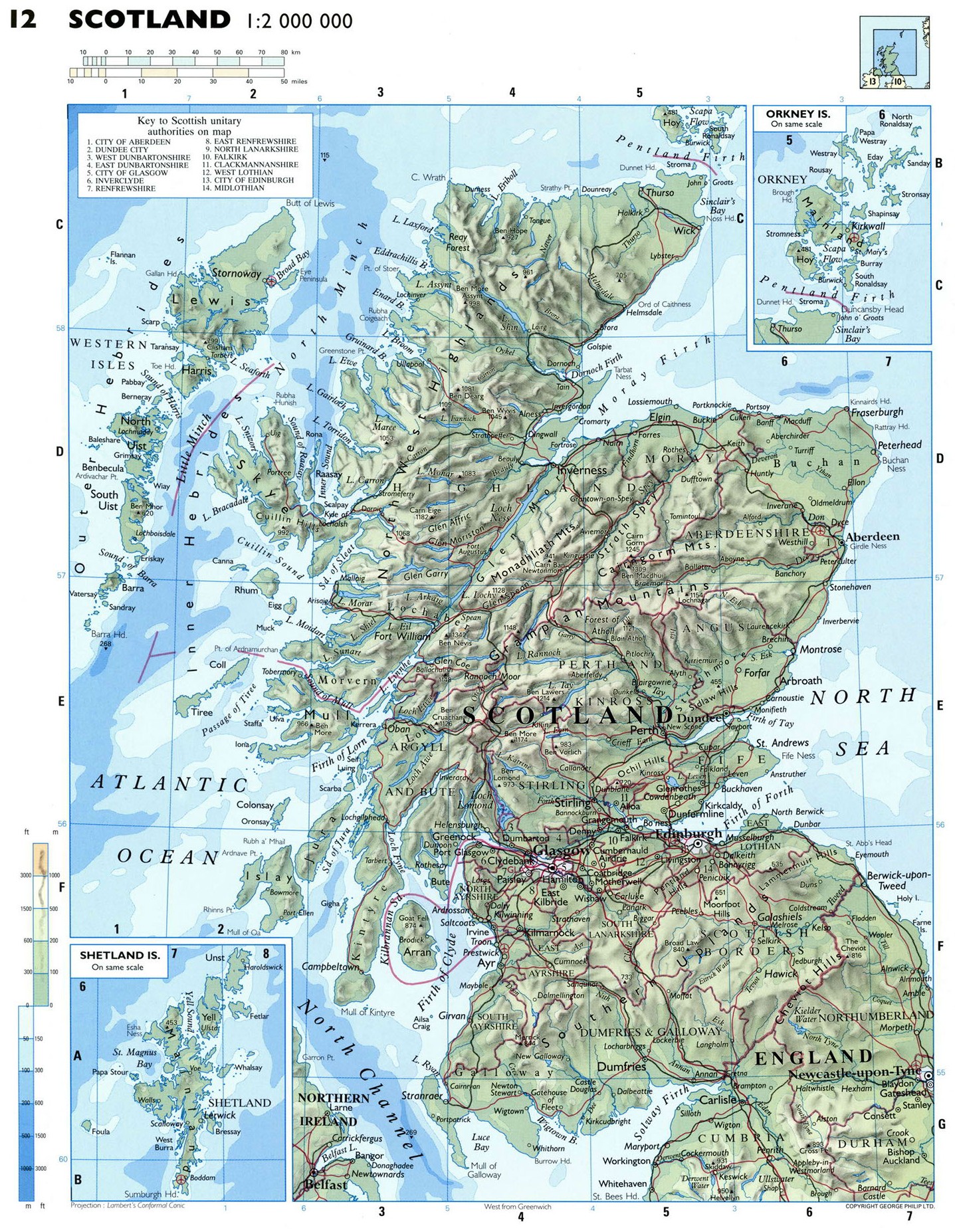 Подробная физическая карта Шотландии