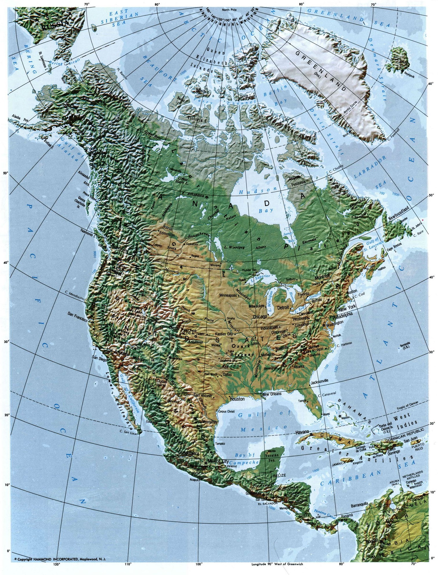 Карта рельефа и растительности Северной Америки