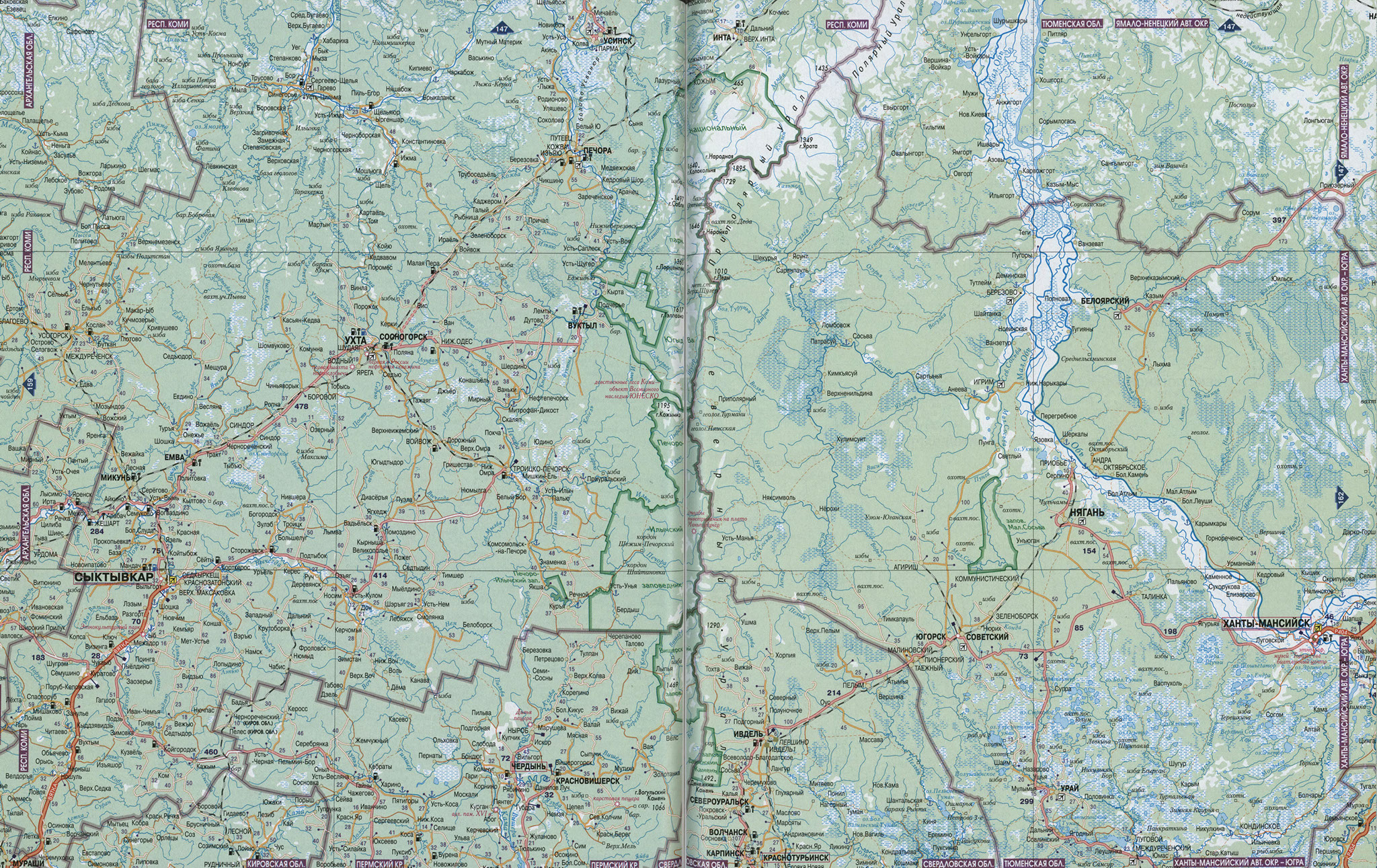 Карта автомобильных дорог республики Коми большая подробная - 2023
