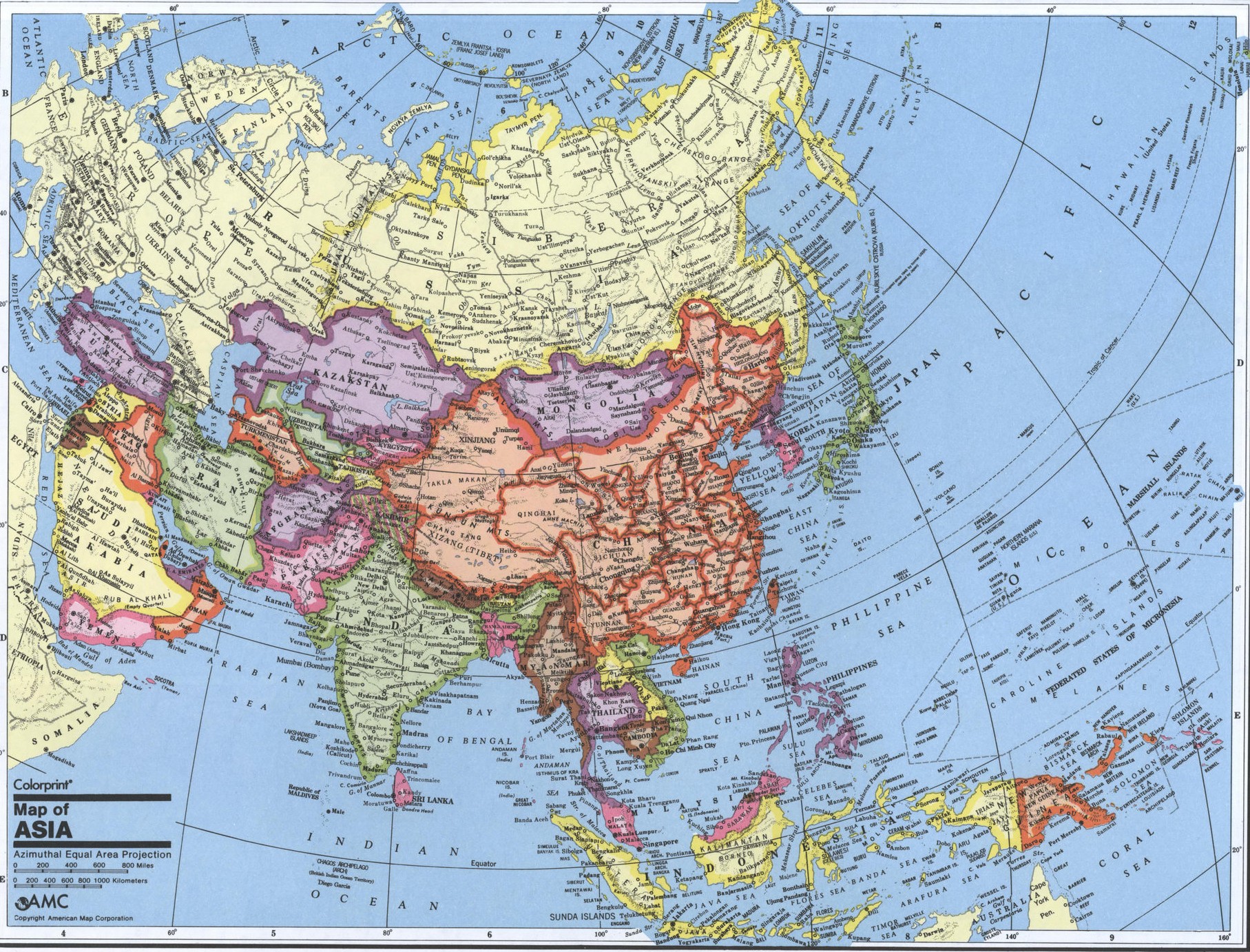 Карта азии со странами крупно на русском в хорошем качестве увеличенная в масштабе