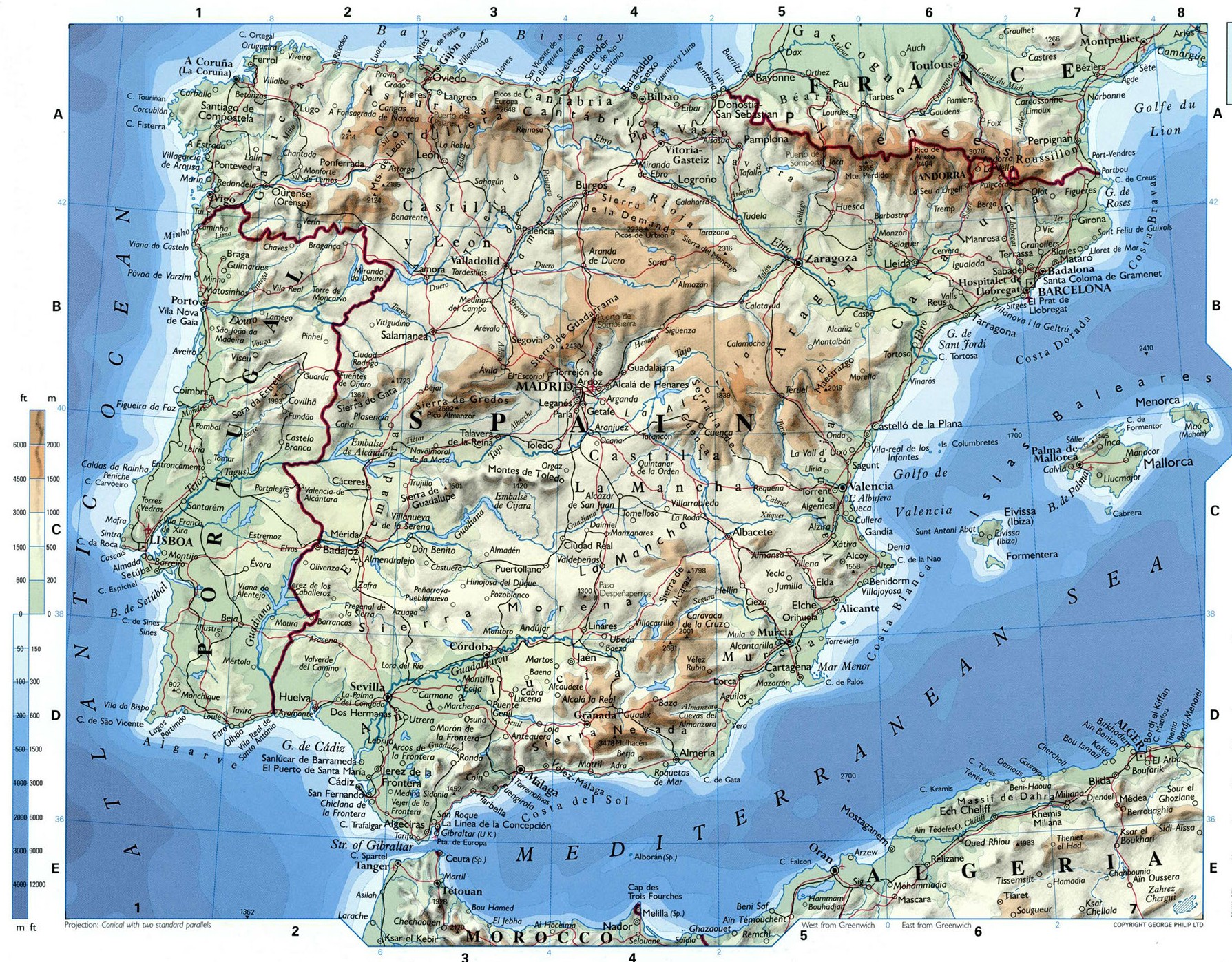 Португалия и Испания физическая карта