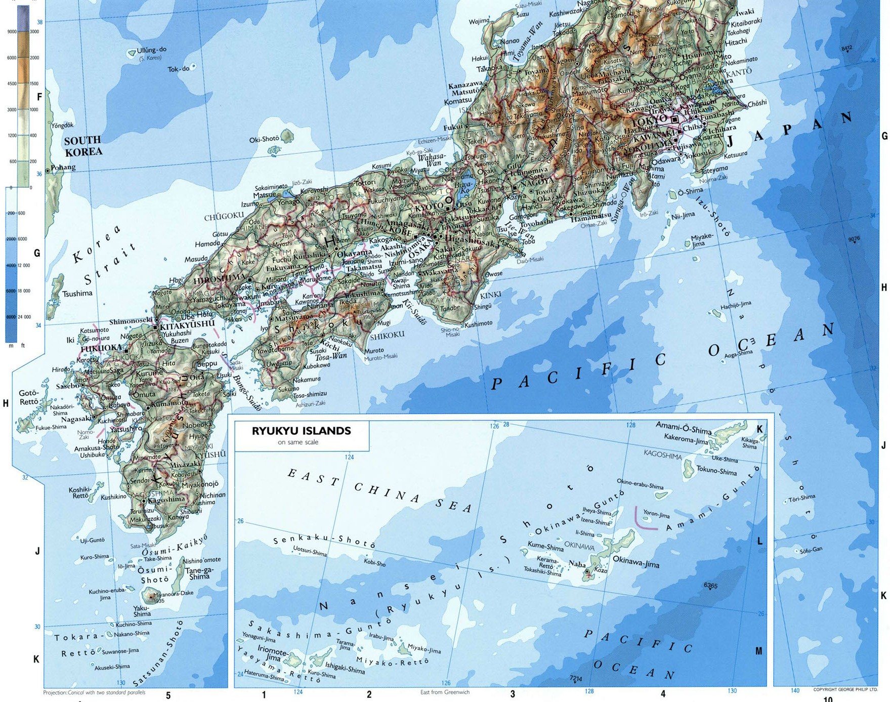 Подробная географическая карта Японии