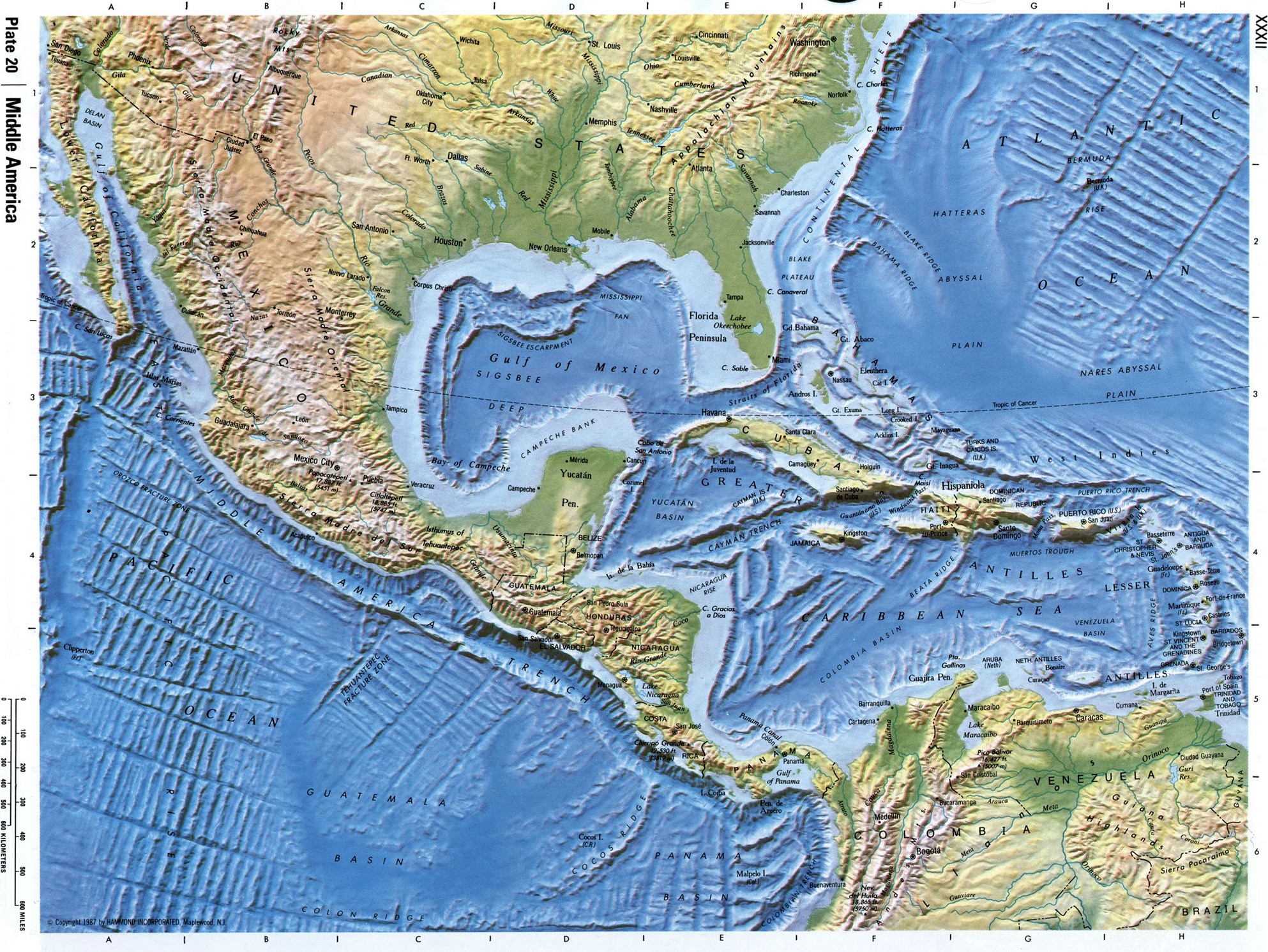 Физическая карта Центральной Америки