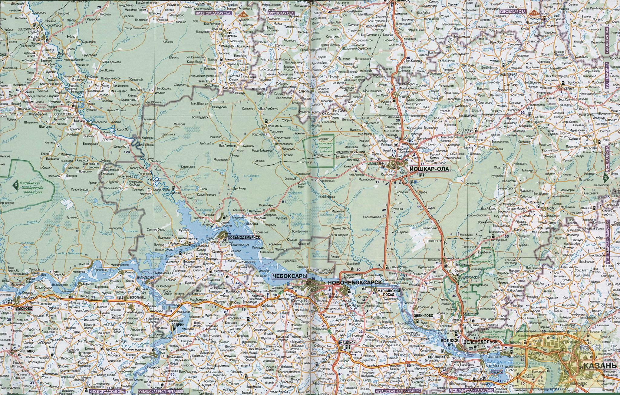 Чувашская республика карта с городами и дорогами большая подробная - 2023