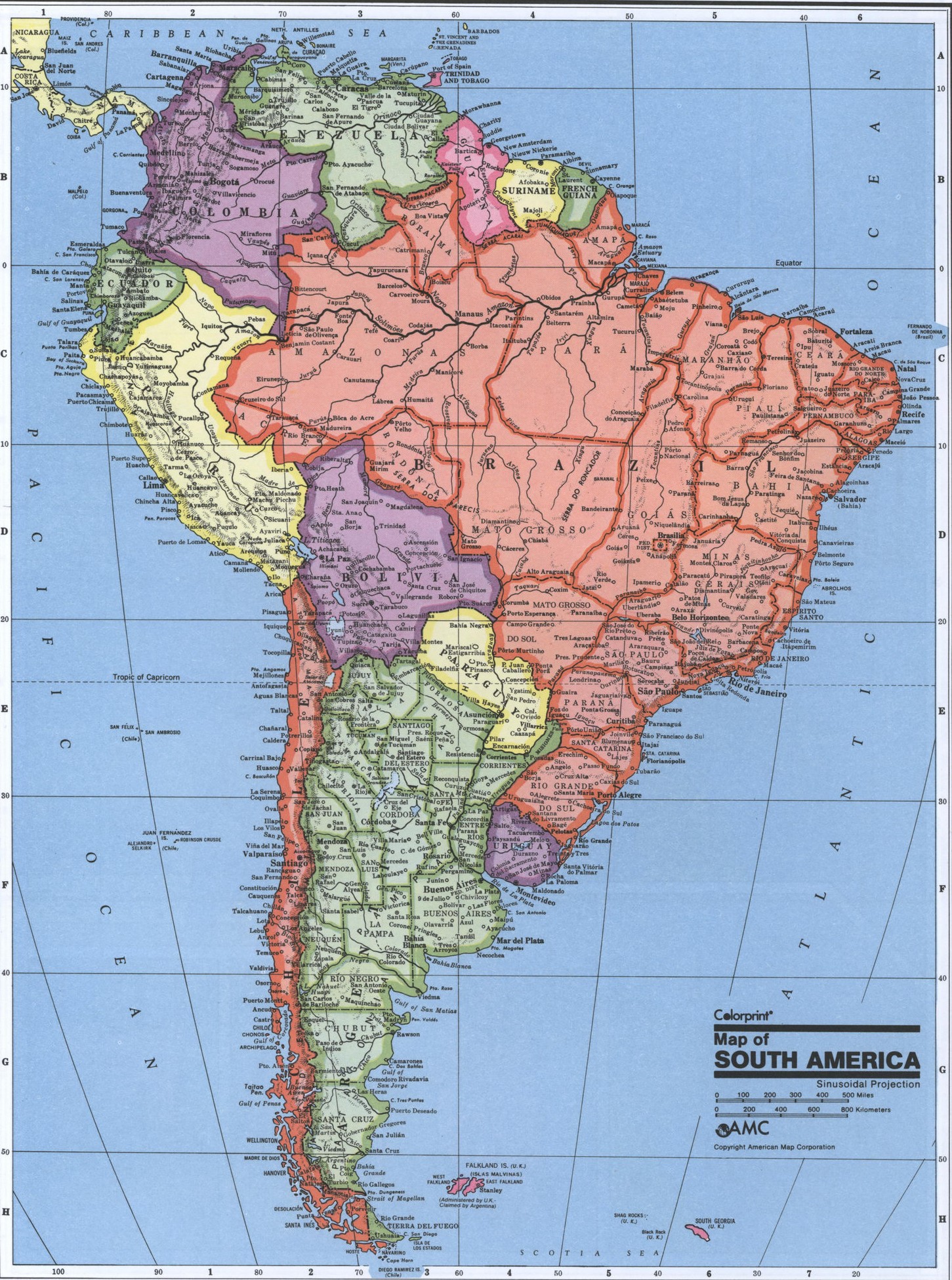 Политическая карта Южной Америки - страны,столицы,города