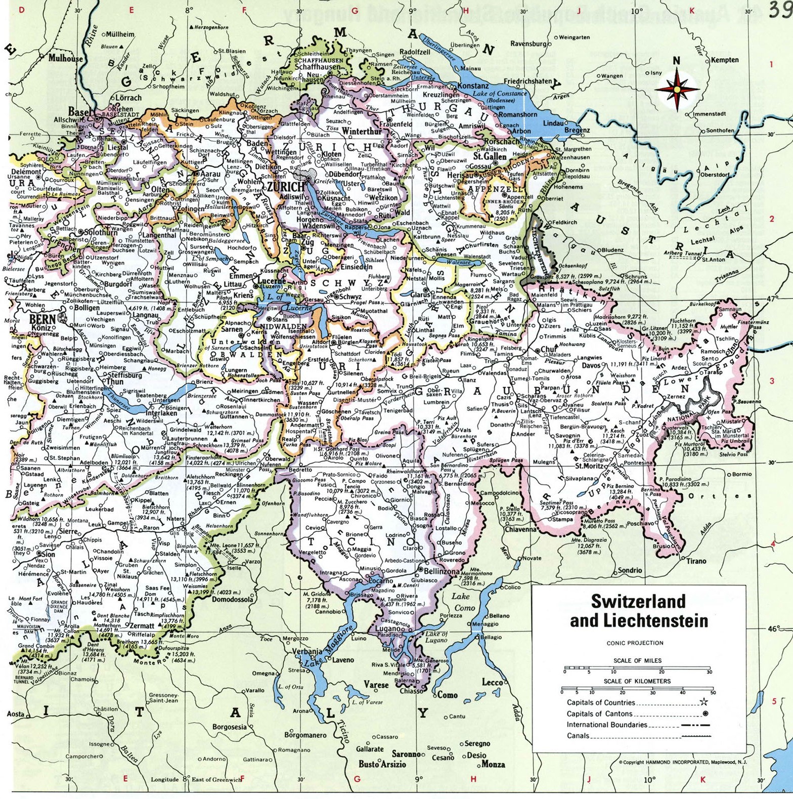 Карта Швейцарии и Лихтенштейна