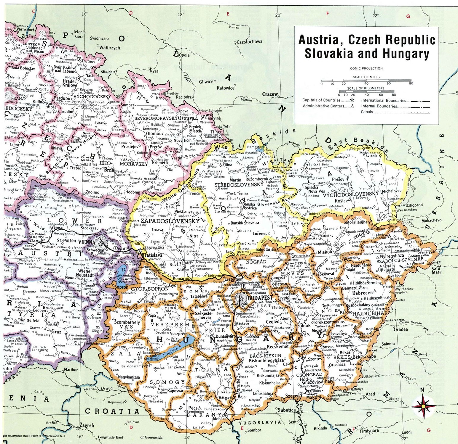 Карта Венгрии, Австрии, Чехии
