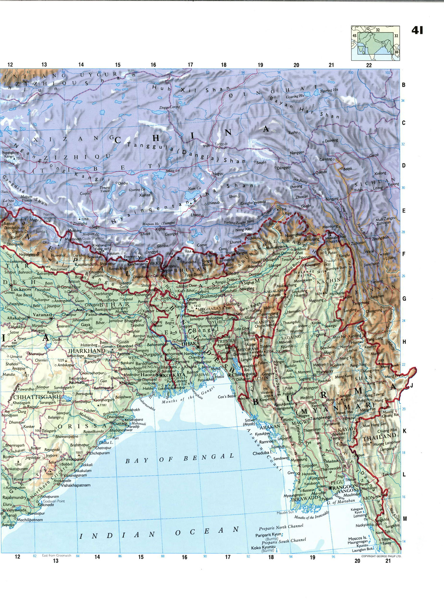 Индия Непал Мьянма карта физическая