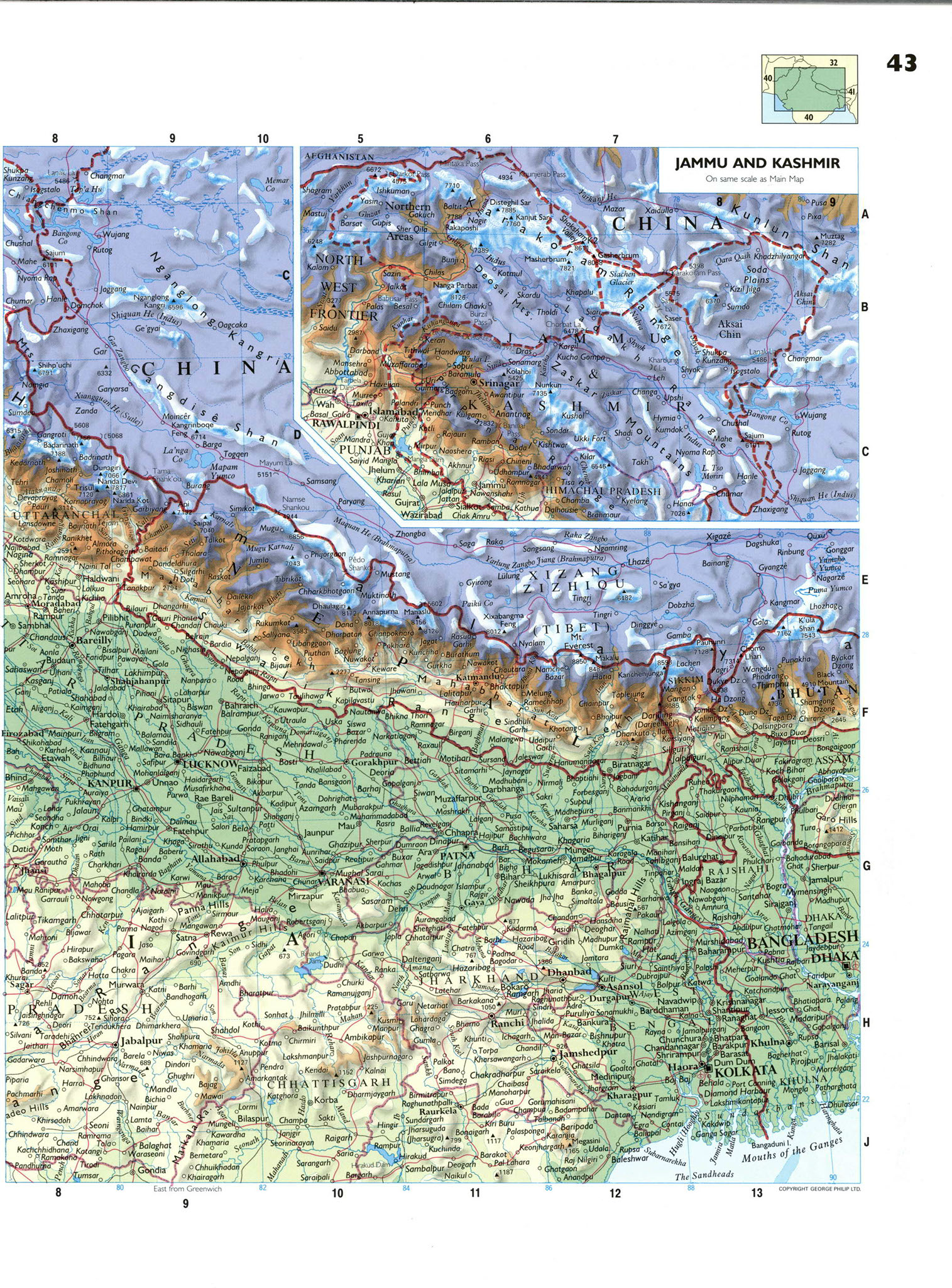Непал, Джамму и Кашмир карта физическая