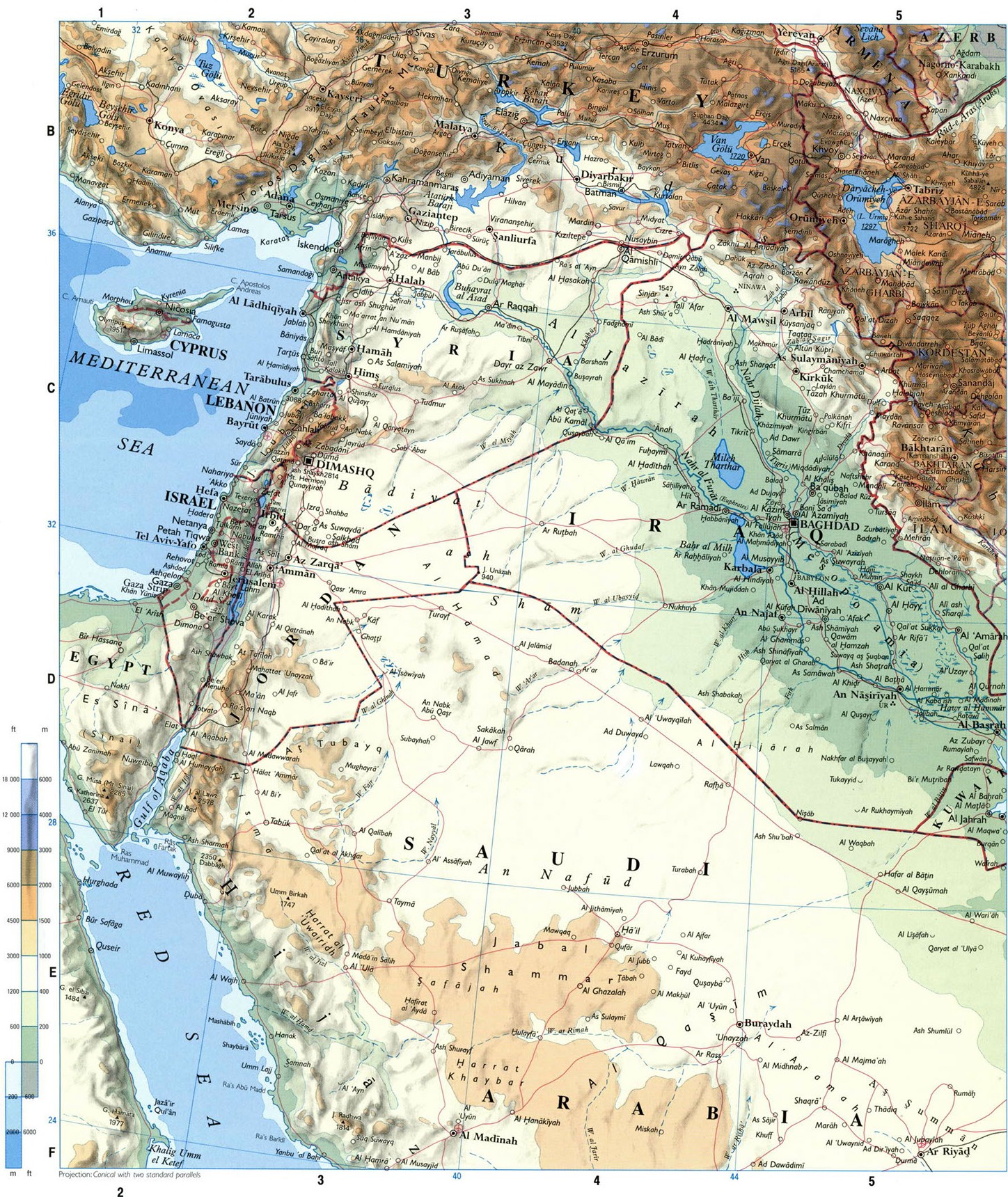 Подробная физическая карта Среднего Востока