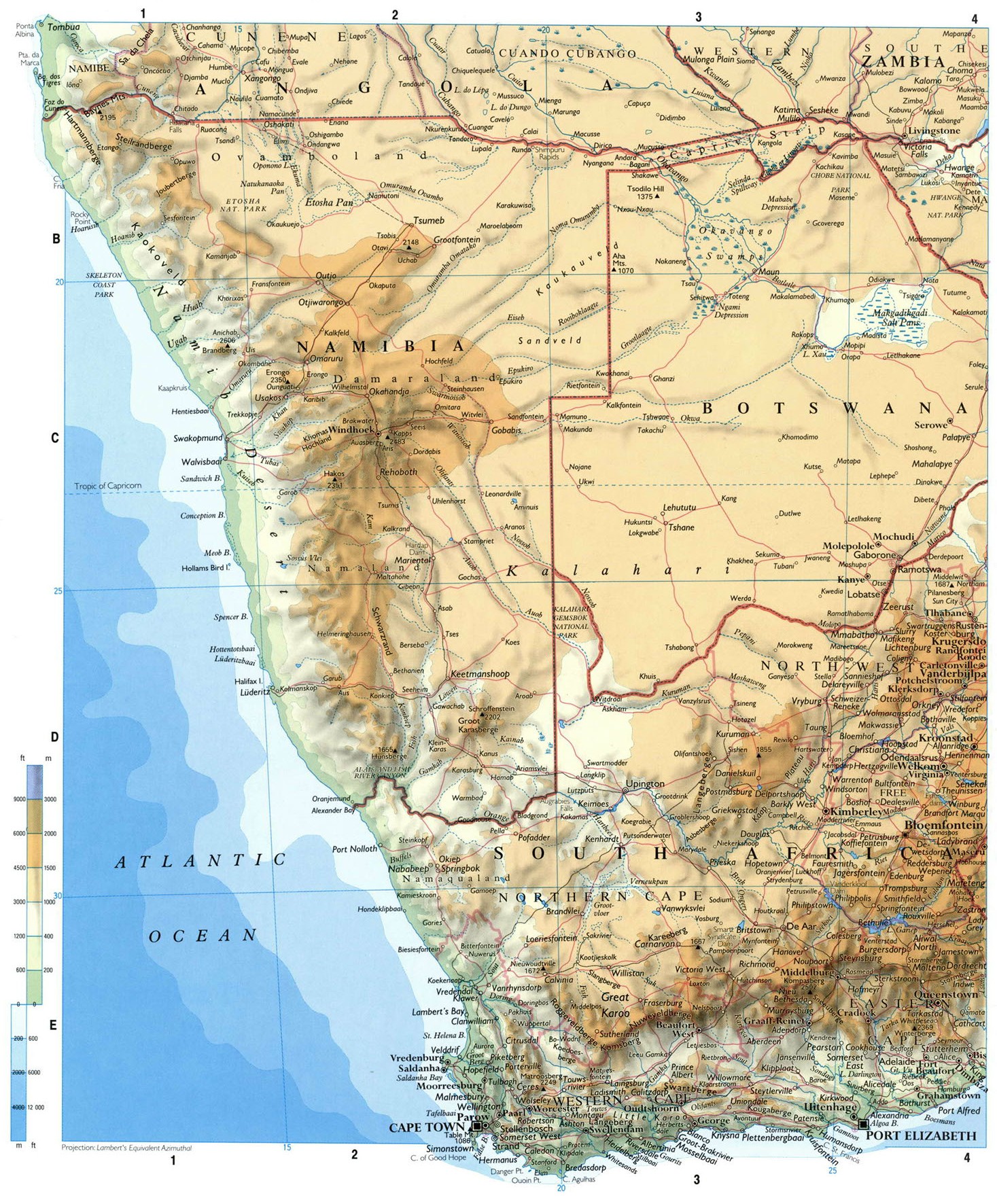 Юго-запад Африки карта физическая