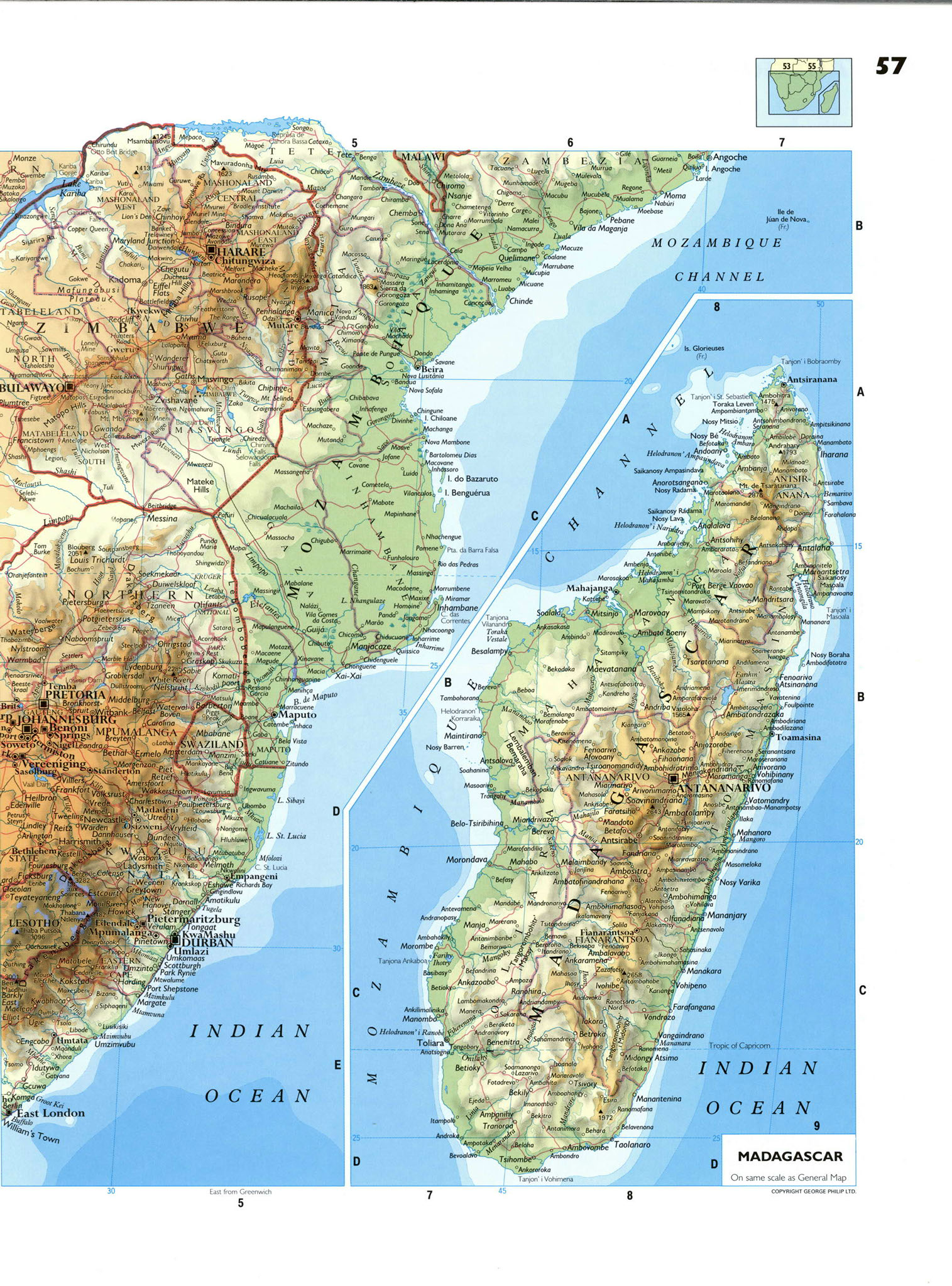Юго-восток Африки карта физическая