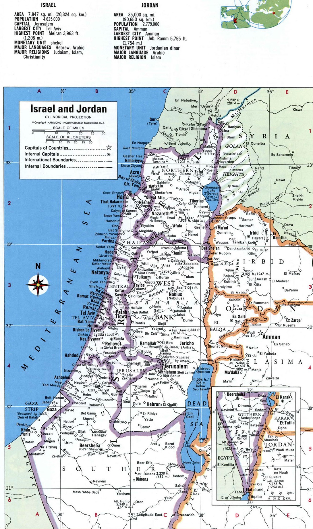 Израиль и Иордания карта подробная