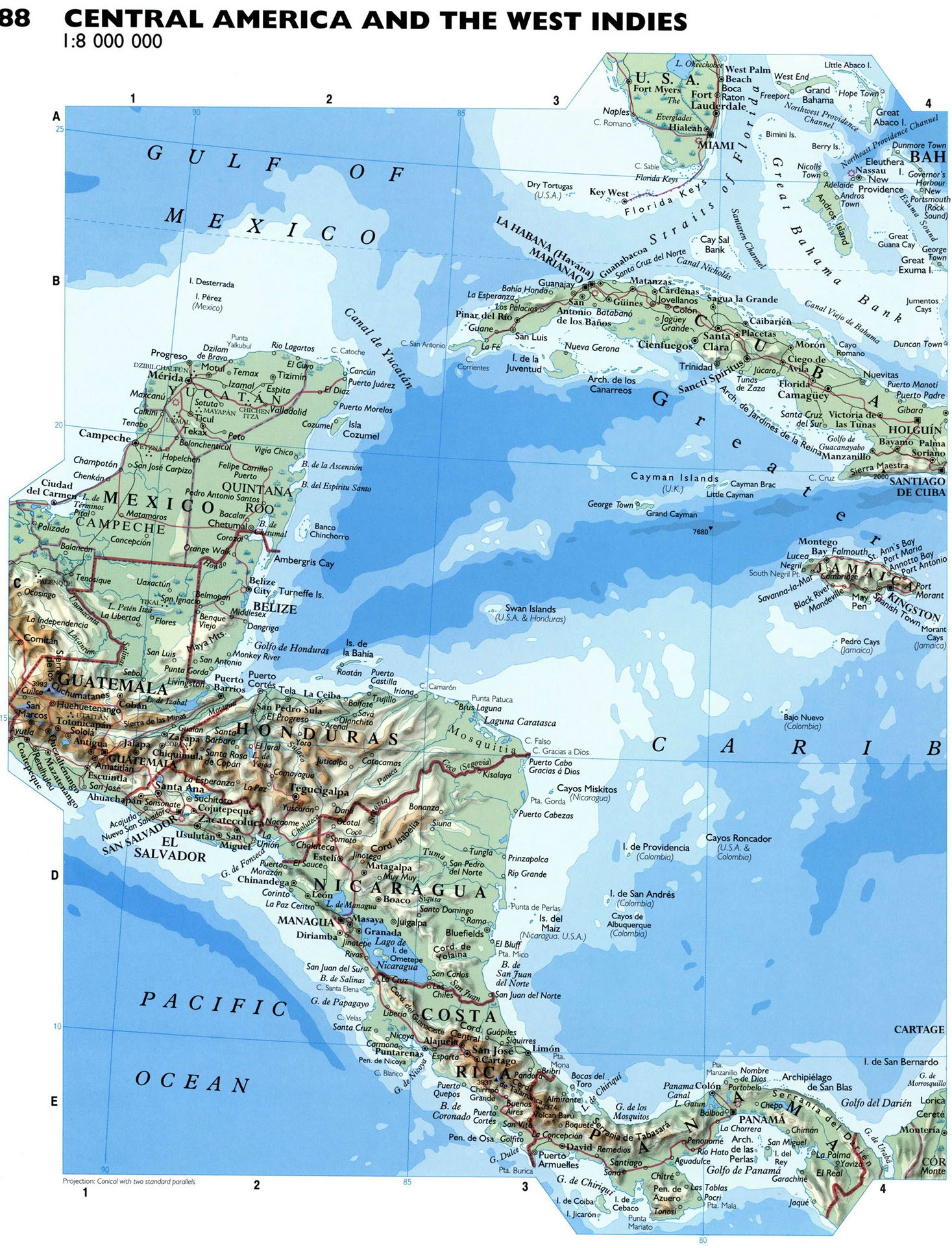 Центральная Америка и Вест Индия карта физическая