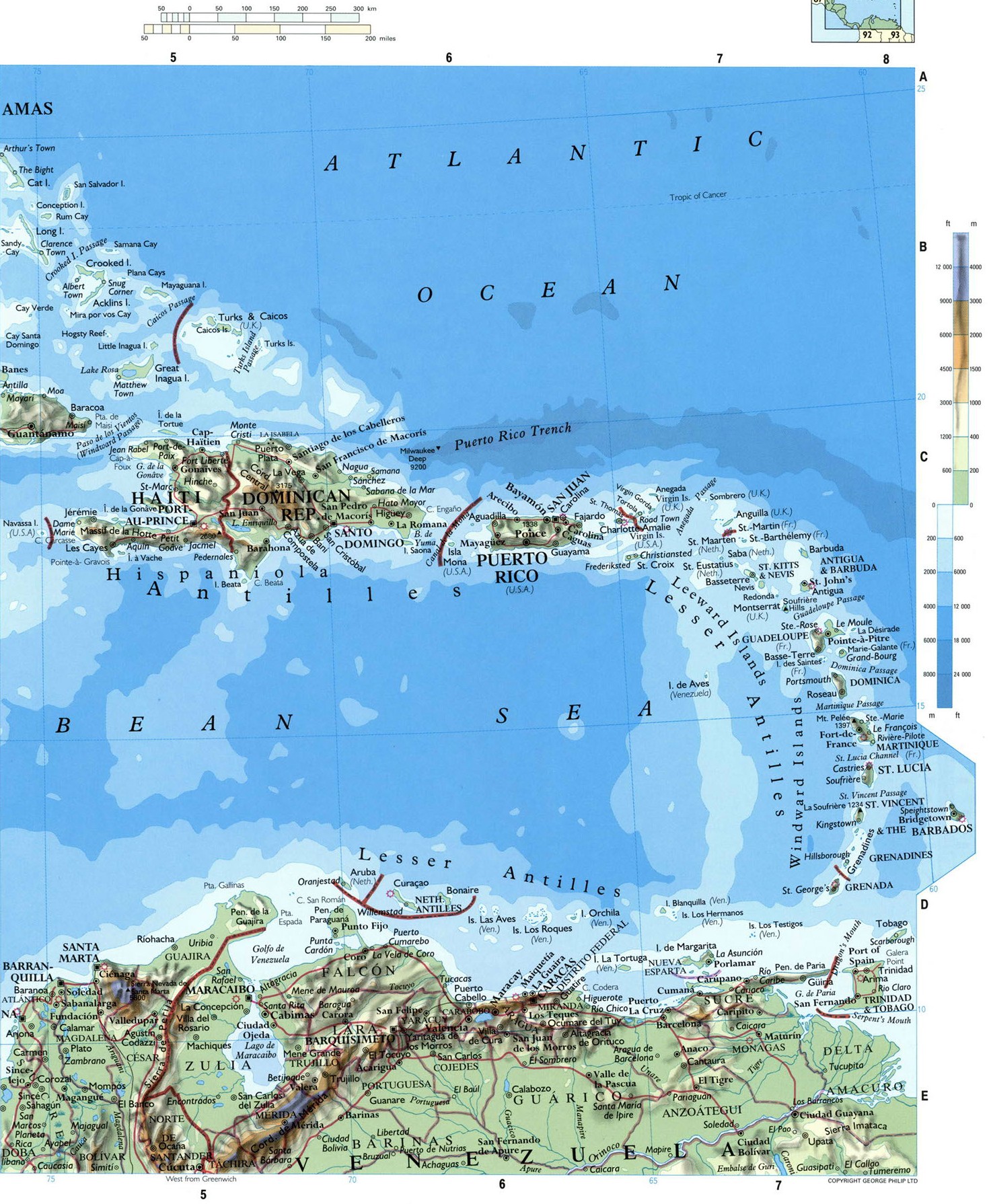 Карибское море карта физическая