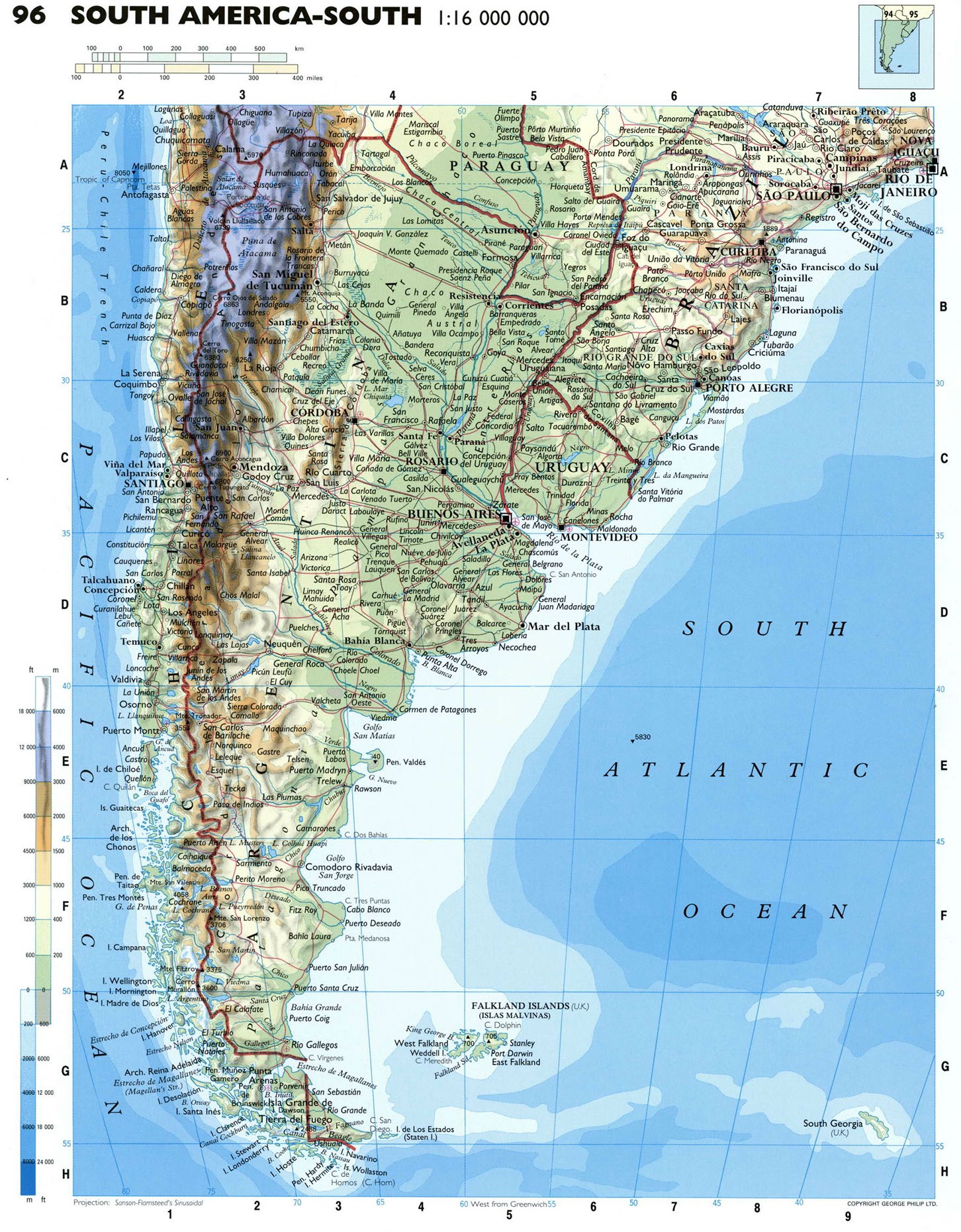 Физическая карта юга Южной Америки